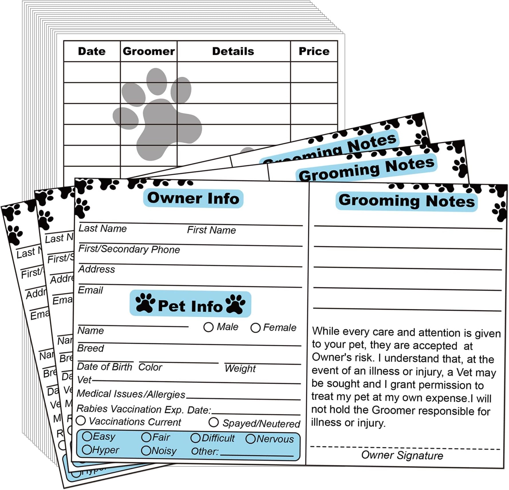 wootile Dog Grooming Cards Groomer Information Check-in Cards for Pet Dog and Cat 4 x 6 Inch Groomer Client Profile Service Record Clip Card for Professional Pet and Cat Groomers, Kennel Care 50 Pack