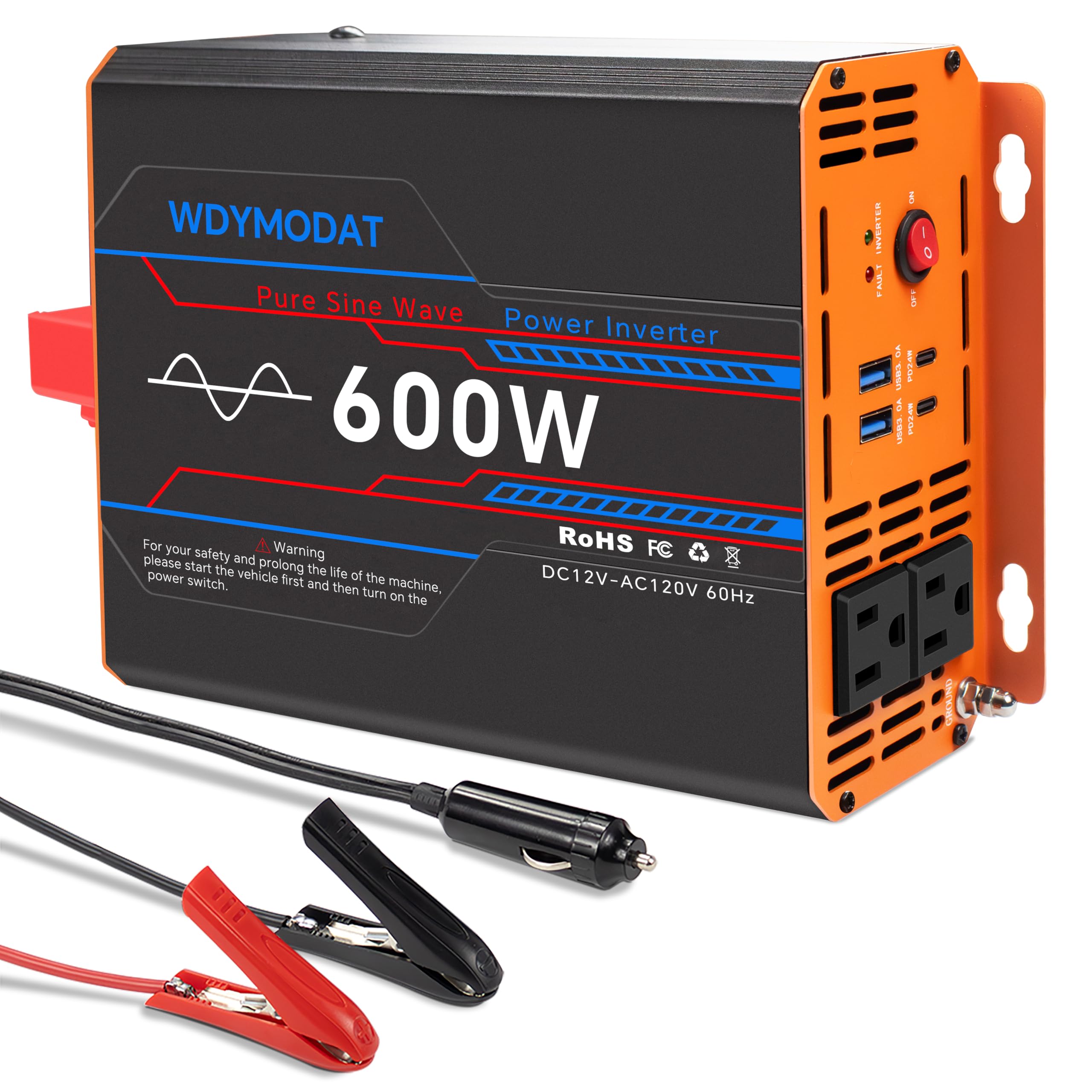 WDYMODAT 600W Pure Sine Wave Inverter, Car Power Inverter 12V to 110V, DC to AC Converter Generator with AC Outlets 3.0A USB Type-C, Remote Controller