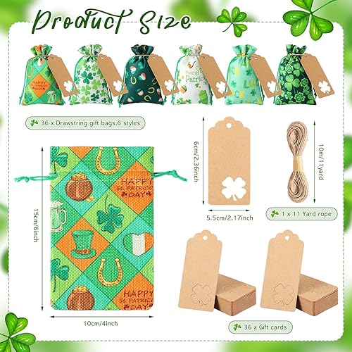 Miniatura 2 de Riakrum 36 bolsas de regalo de fiesta del día de San Patricio, bolsas de arpillera con cordón, bolsa de caramelo de trébol de la suerte, bolsas de