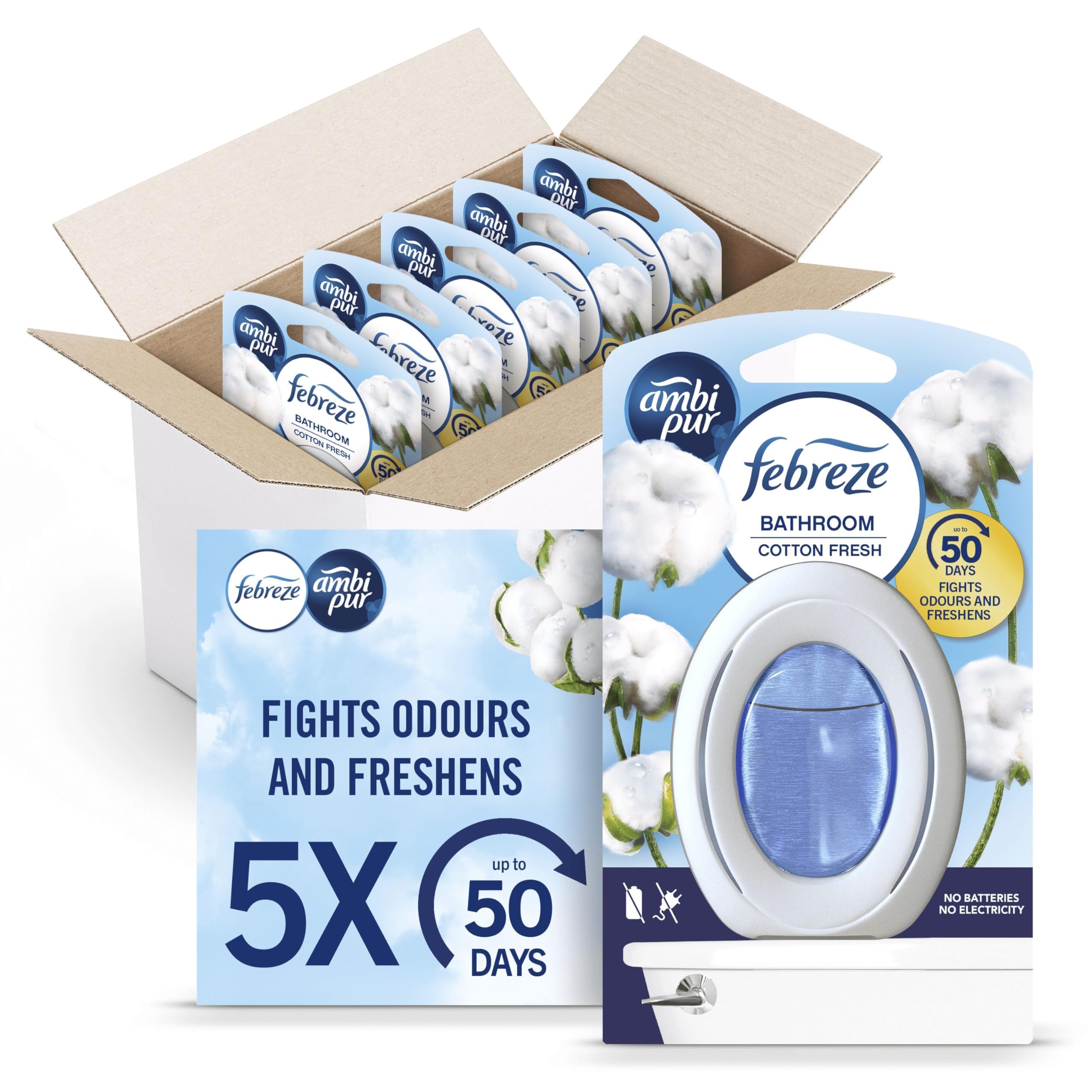 Febreze Bathroom Air Freshener, Odour Fighter, Cotton Fresh, 5 Items, Bathrooms Freshener & Odour Eliminator