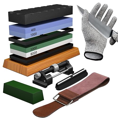 YeopAsda Knife Sharpening Stone Set - Premium 4 Side Grit 400/1000 3000/8000 Whetstone Sharpener Kit - Non-Slip Bamboo Base,Cut Resistant Gloves, Angle Guide,Flatting Stone,Honing Guide,Leather Strop - Green/White - Standard