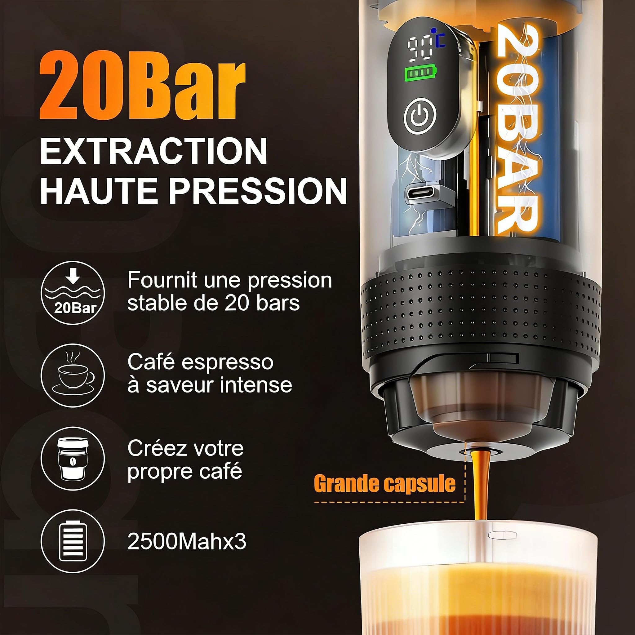 3 En1 Machine à Café Portable de Voyage,pour RV, camping,randonnée, bureau | Avec auto-chauffage,avec Charge USB-C,Cafetière avec café moulu et capsule NS,Machine à café électrique portable