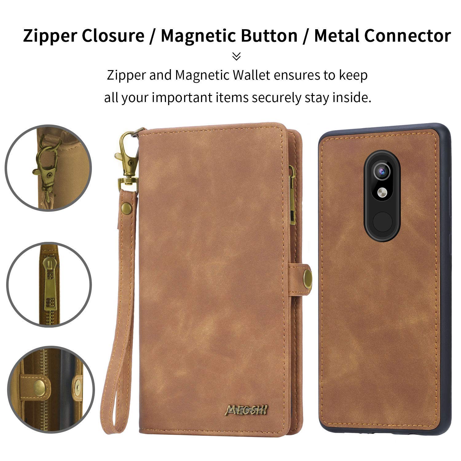 Simicoo LG Stylo 5 Wallet Case - Flip Leather Cover With Card Slots, Zipper, Detachable Magnetic Back, Hand Strap