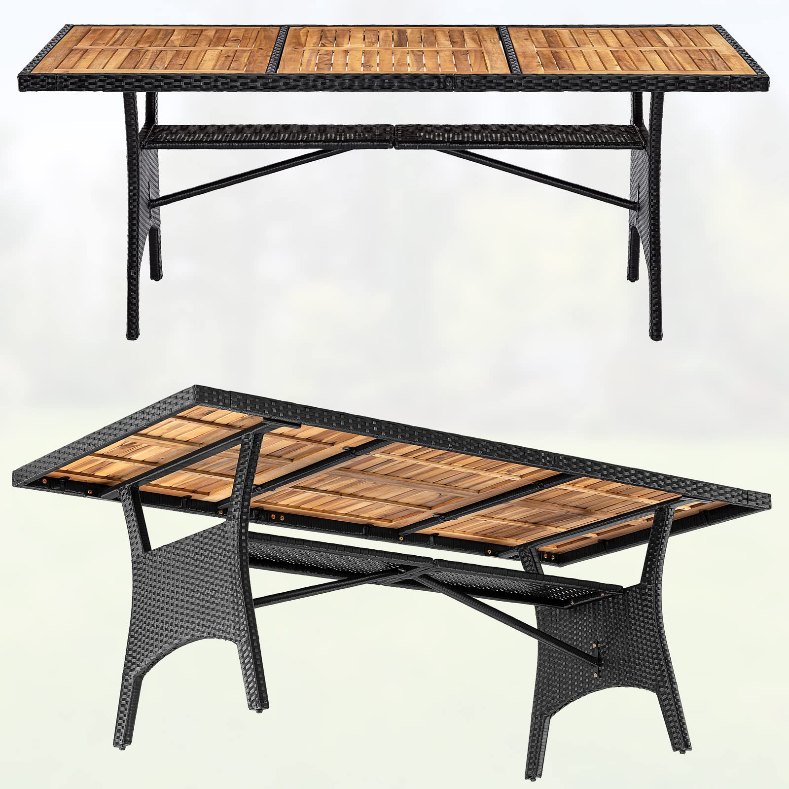 Casaria Tavolo da Giardino in Polyrattan Ripiano in Legno di Acacia 190x90x74cm Regolabile in Altezza per Esterno Pranzo Terrazza