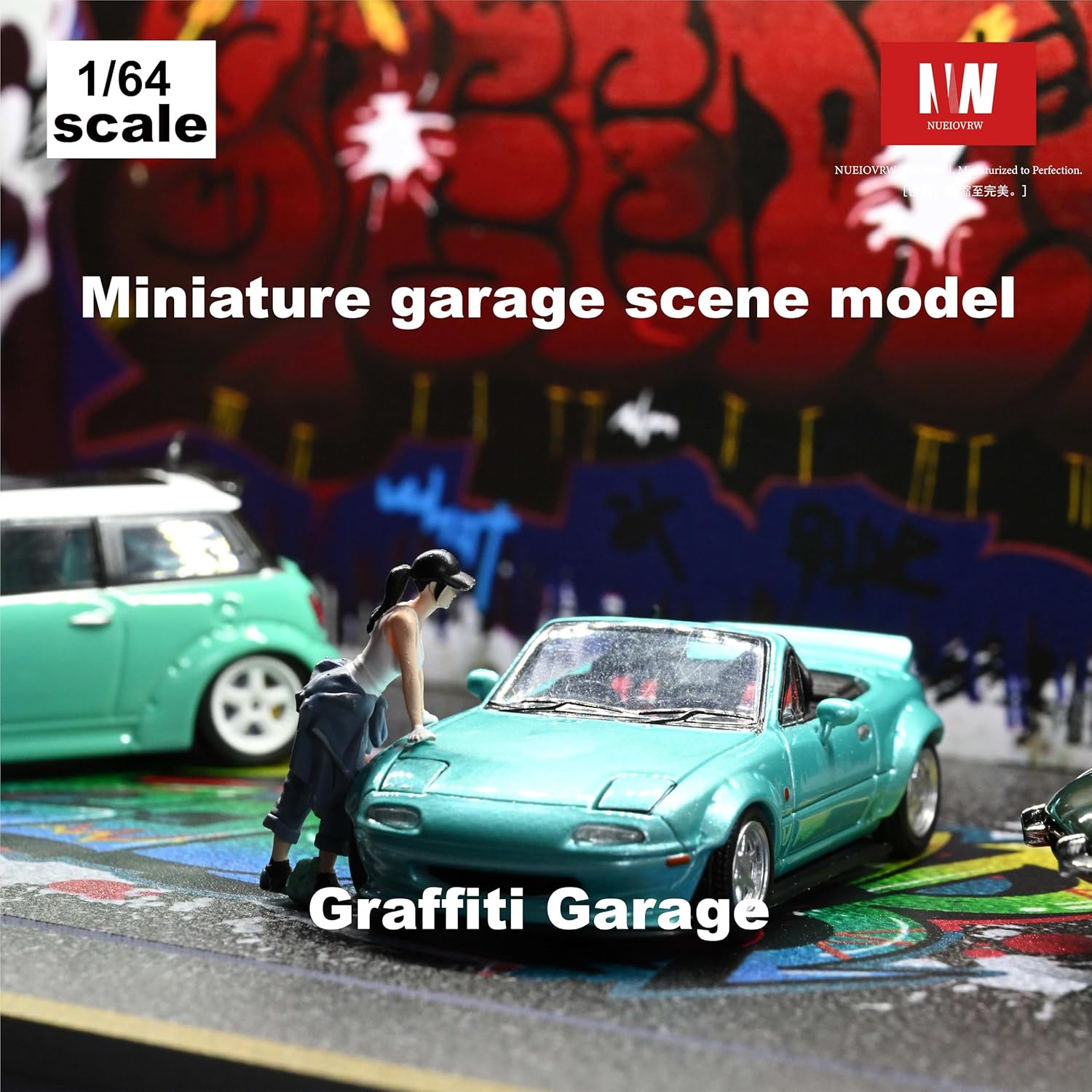 1:64 Diorama Graffiti Garage Model, LED Lighting Parking Lot Scene Display Case, for 1/64 Scale Hot Wheels Diecast Model Cars Display, Cars Display Cabinet, Building Gatage(Graffiti)