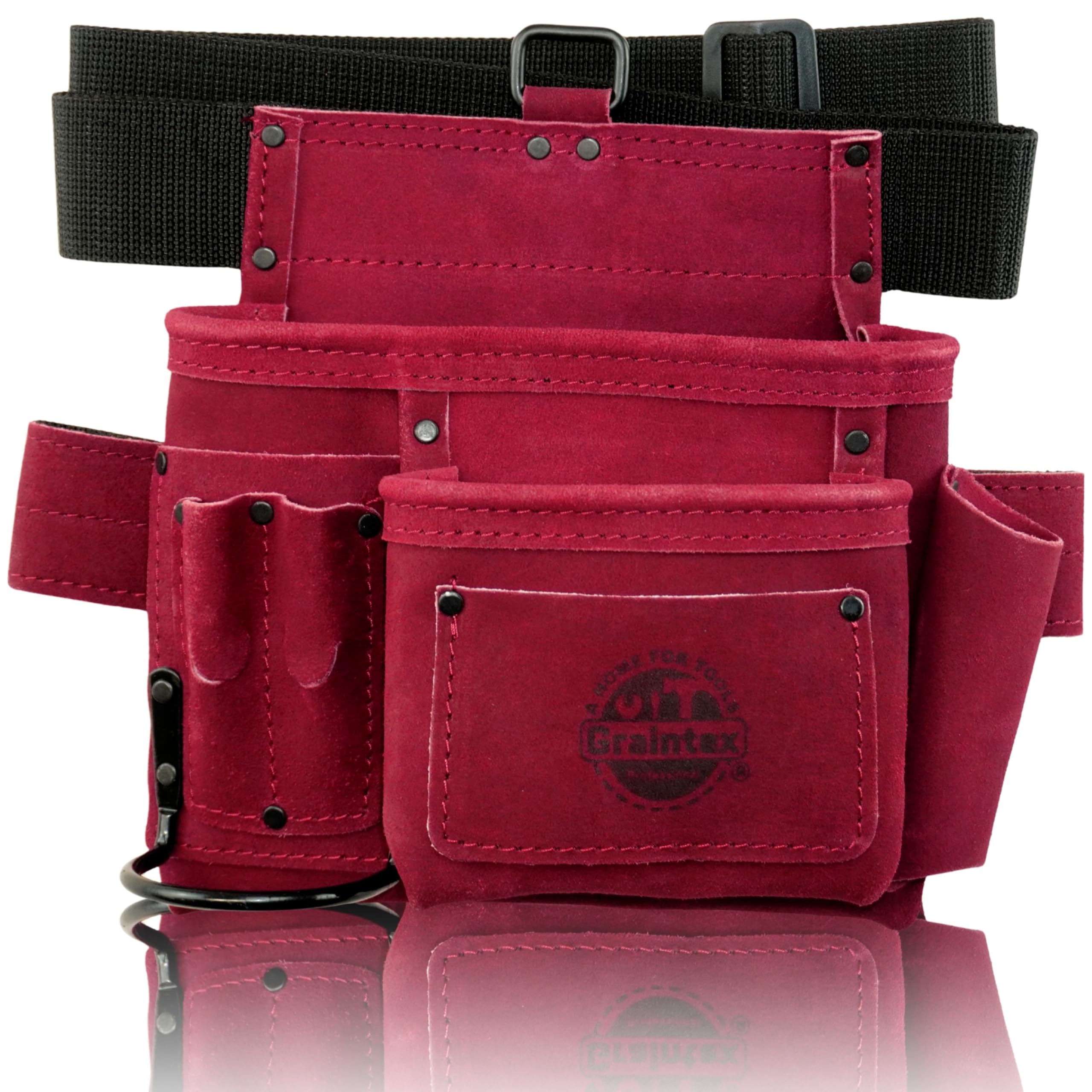 Graintex SS2268 - Bolsa de Herramientas y Clavos de 5 Bolsillos de Piel de Ante Burdeos con cinturón de cincha de 2 Pulgadas para constructores, electricistas, fontaneros, manitas