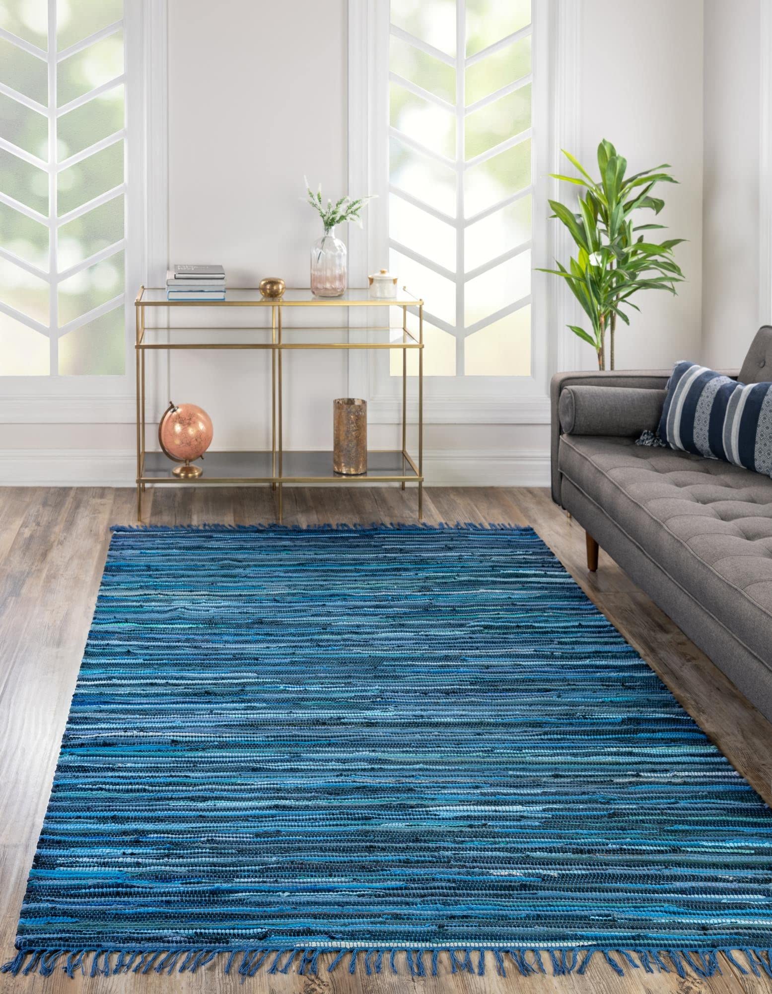 Rugs.com Chindi Cotton Collection Rug – 10' x 13' Navy Blue Flatweave Rug Perfect for Living Rooms, Large Dining Rooms, Open Floorplans