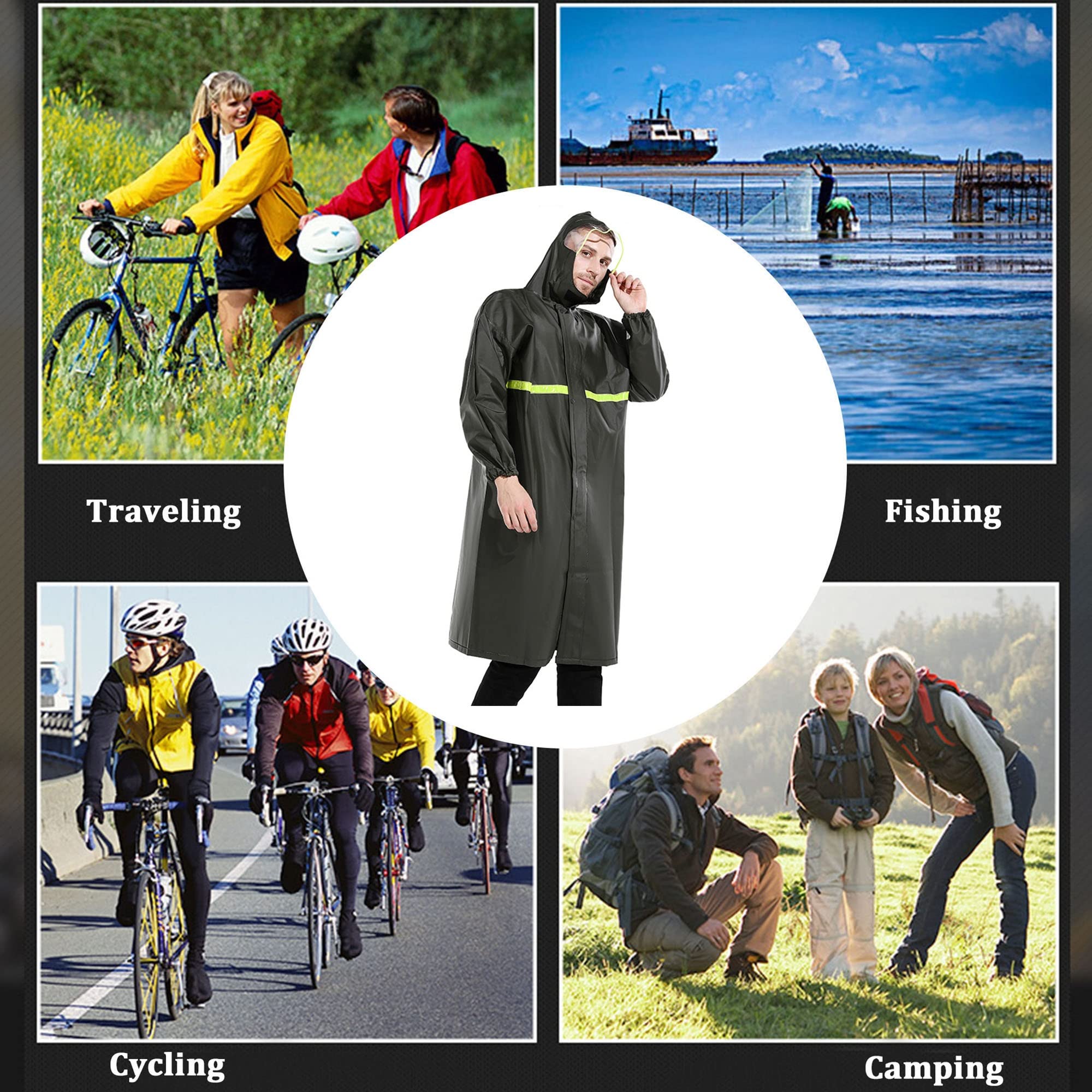 Poncho de Pluie à Capuche Aldult Cape de Pluie Imperméable Durable Rain Poncho avec Bandes Réfléchissantes pour Cyclisme Camping Randonnée Pêche (Color : Noir, Size : 4XL)