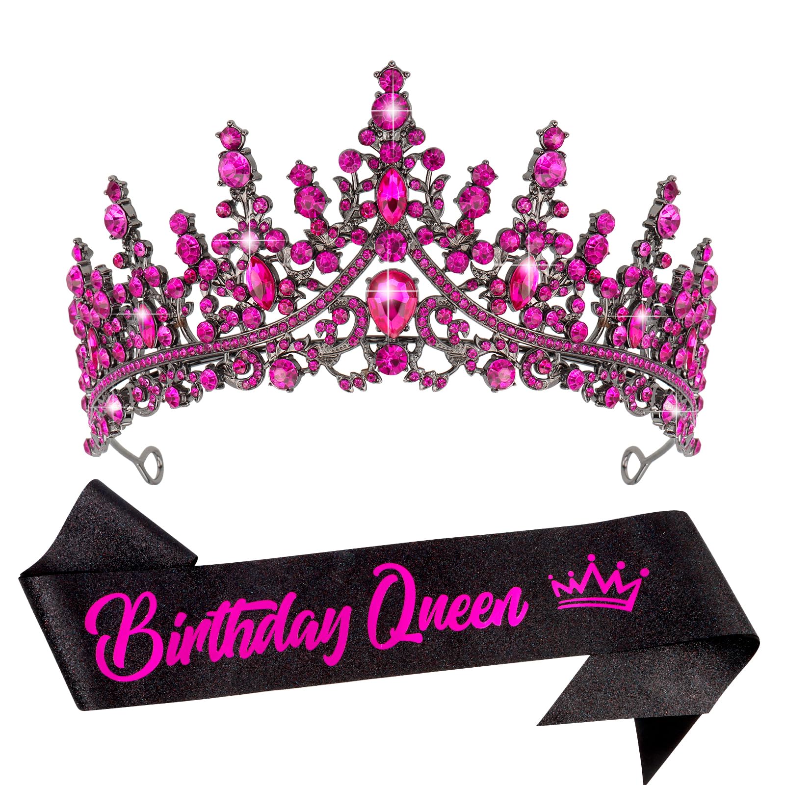 VELSCRUN Birthday Queen Tiara Crowns for Women Girls Rose Pink Crystal Birthday Queen Headband Sash Elegant Princess Crown Happy Birth Party Decorations Mom Sisters Birth Gift Hair Accessories