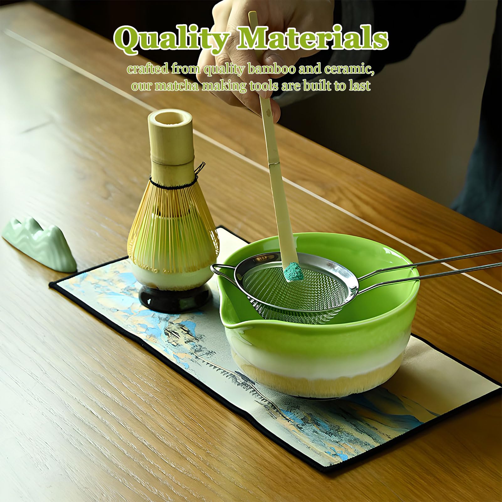 Juego de batidores Matcha de 5 piezas, cuenco Matcha con boquilla, batidor de bambú, soporte para batidor, cuchara para té, colador de polvo, para principiantes y amantes de la cultura del té
