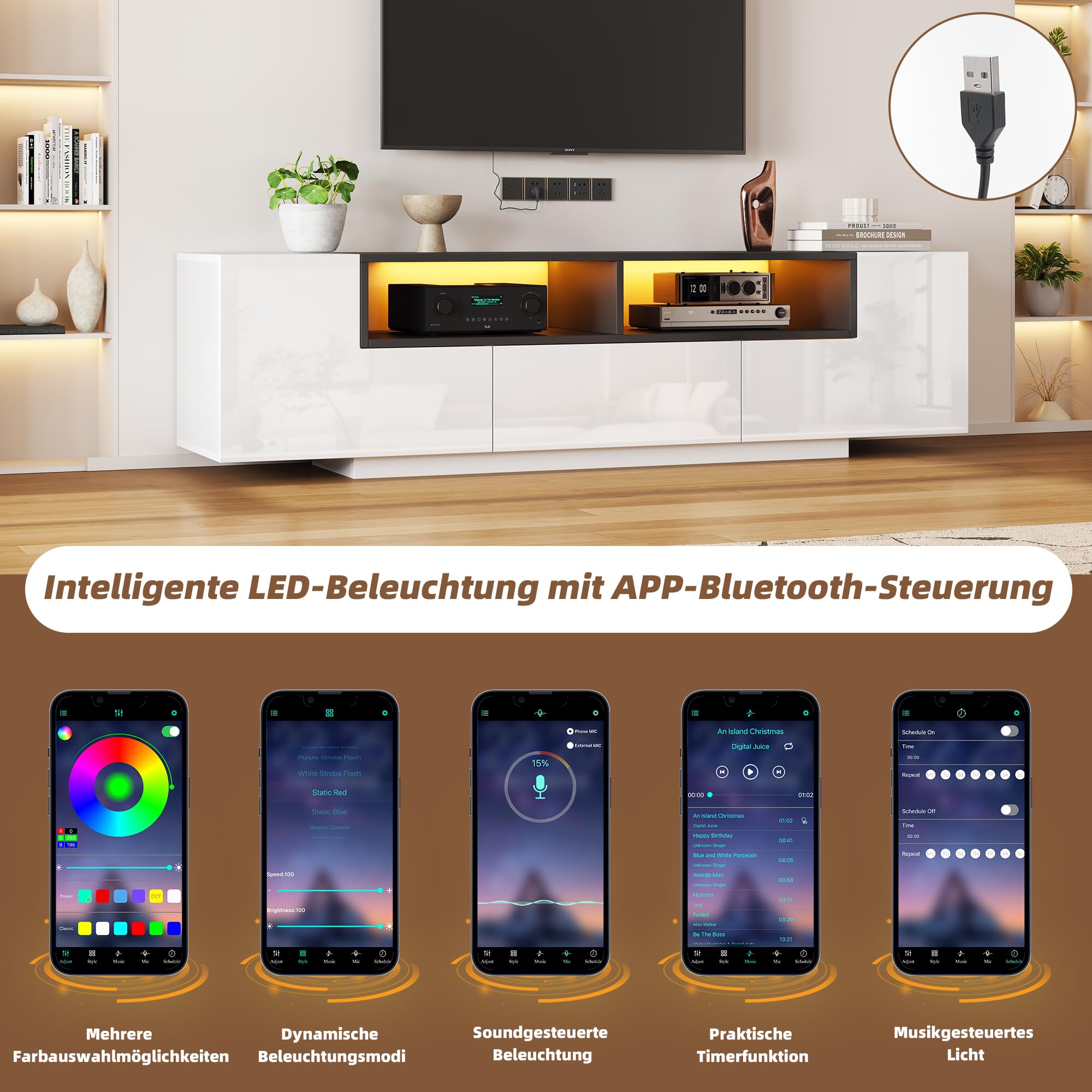 Meuble TV avec Lumières LED et Tiroirs, Armoire de Télévision avec 2 Portes Form L et Espace de Rangement Ouvert, Meuble Télé de Salon, Armoire Basse Salle de Séjour Intérieur (Blanc-4W)