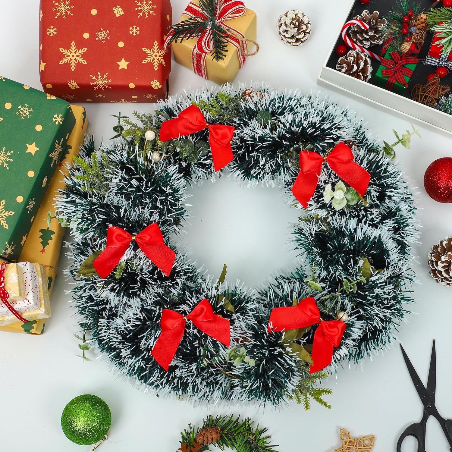Guirlande De Noël Verte à Nœuds 10 Mètres - Largeur 9 Cm, Avec Fil Métallique, Brillante Et épaisse | Décoration Pour Sapin, Fenêtre, Escalier, Mariage