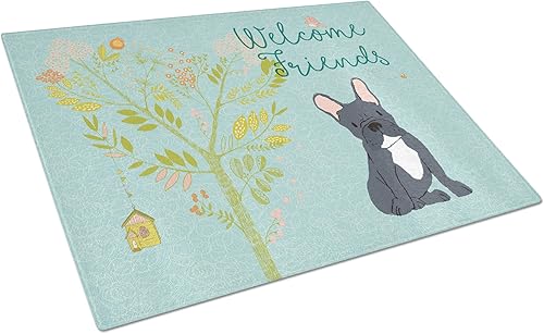 Caroline's Treasures BB7632LCB Welcome Friends - Tabla de cortar de vidrio de Bulldog Francés Negro, Tabla de cortar y servir de vidrio templado