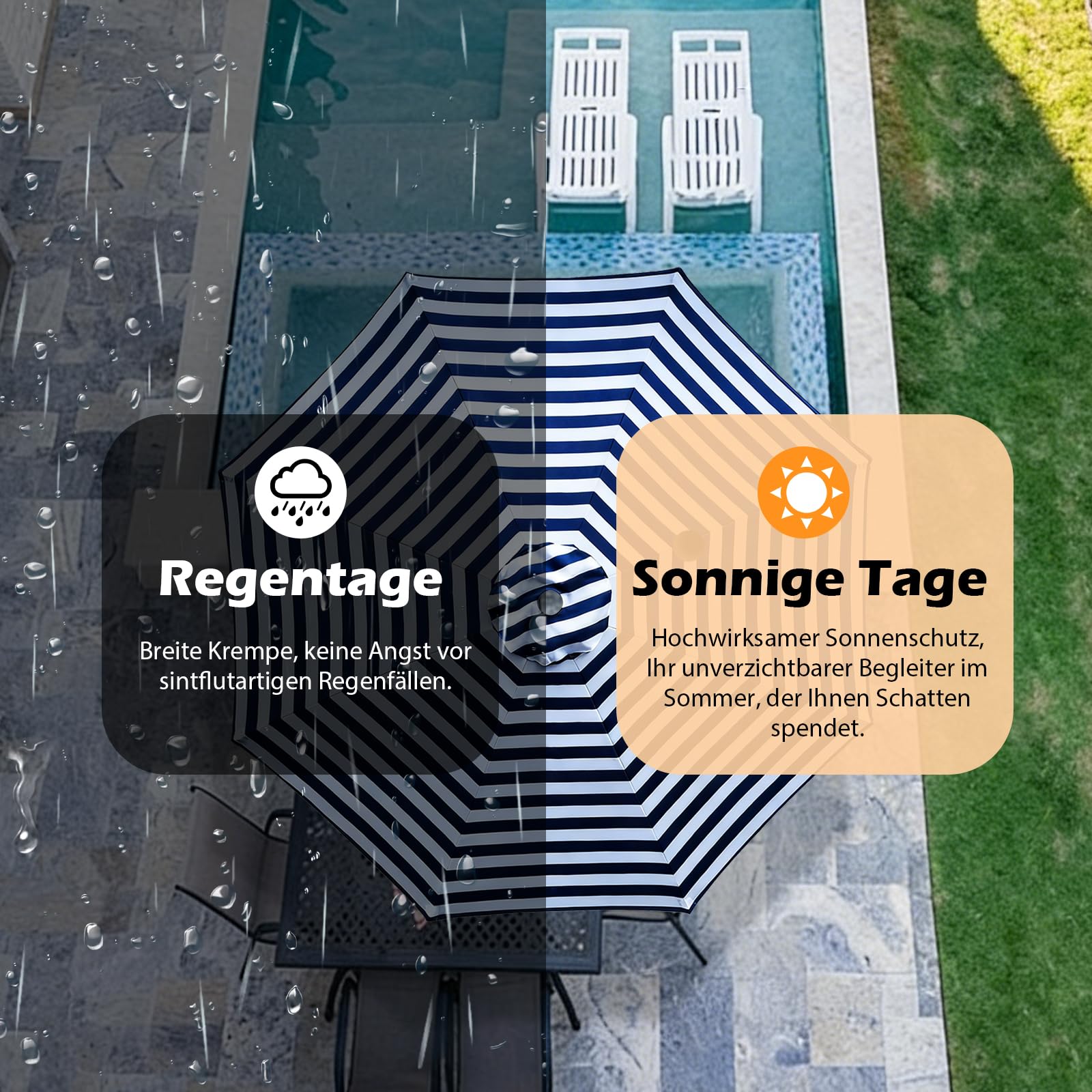 ACESOME Housse de rechange pour parasol - 2 m, 2,7 m, 3 m - Côtes 6/8 - Pas de support de parasol - Auvent de rechange - Pour cour, jardin, piscine (bleu et blanc, 3 m/8 côtes)