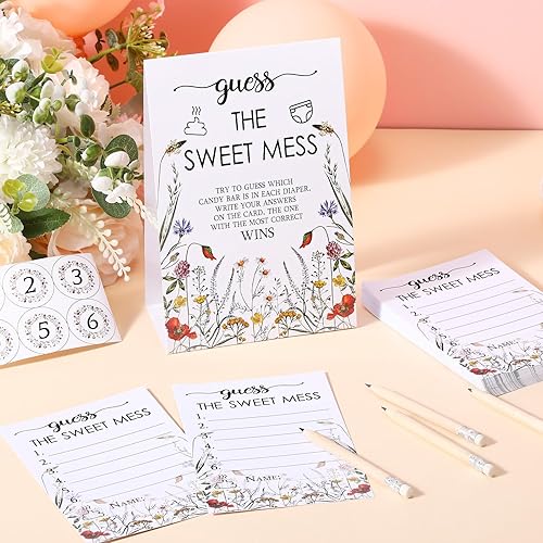 Miniatura 10 de Juego de 67 piezas de Guess The Sweet Mess Baby Shower, juego de pañales sucios, incluye letrero de Adivina el dulce lío, 50 tarjetas pequeñas, 10