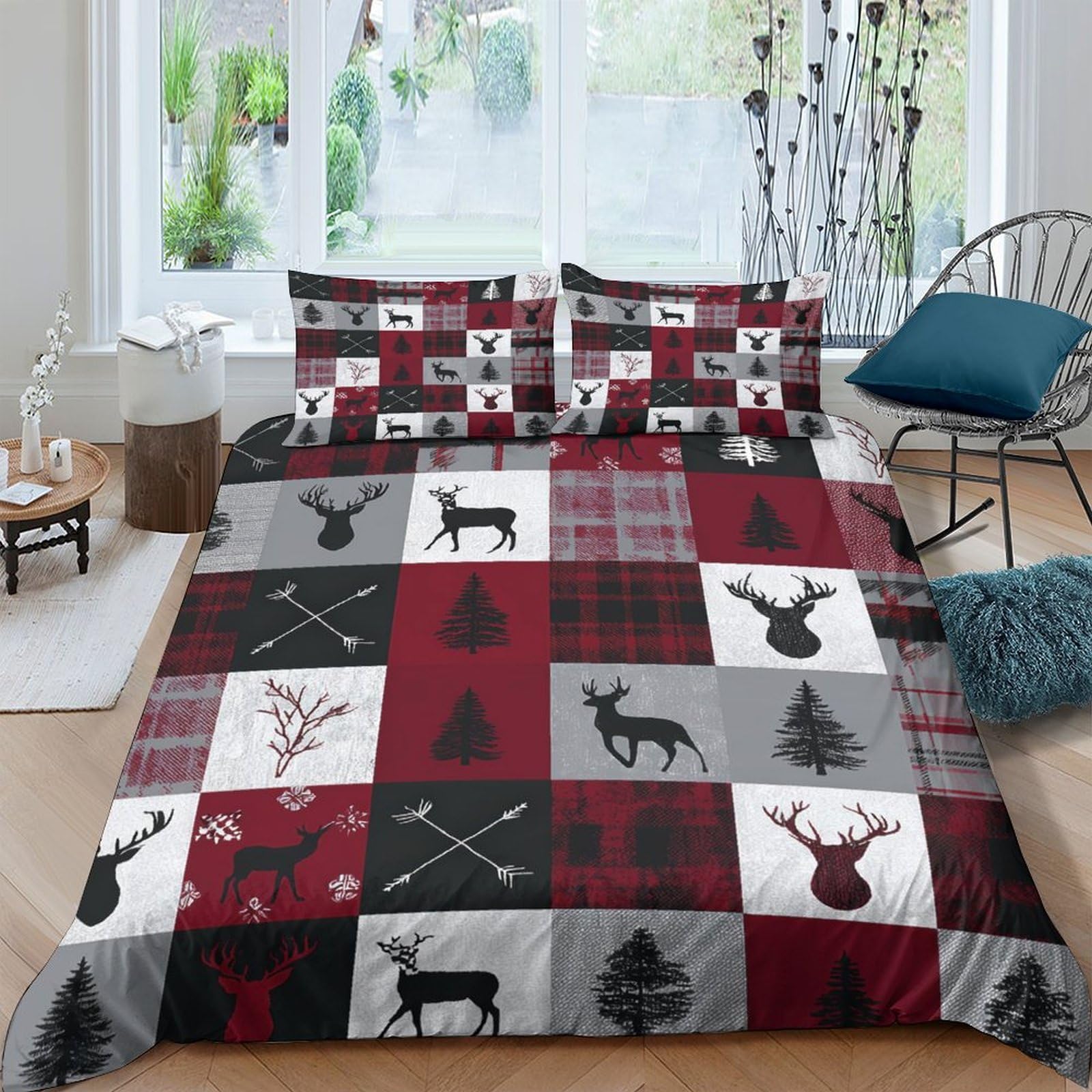 Ctjqhvkz Style-4 3D Printed Red Plaid Deer Fitted Sheet Microfiber Soft Breathable Forest Animal Mattress Cover For Bedroom Dorm Decor Single（135X200cm）