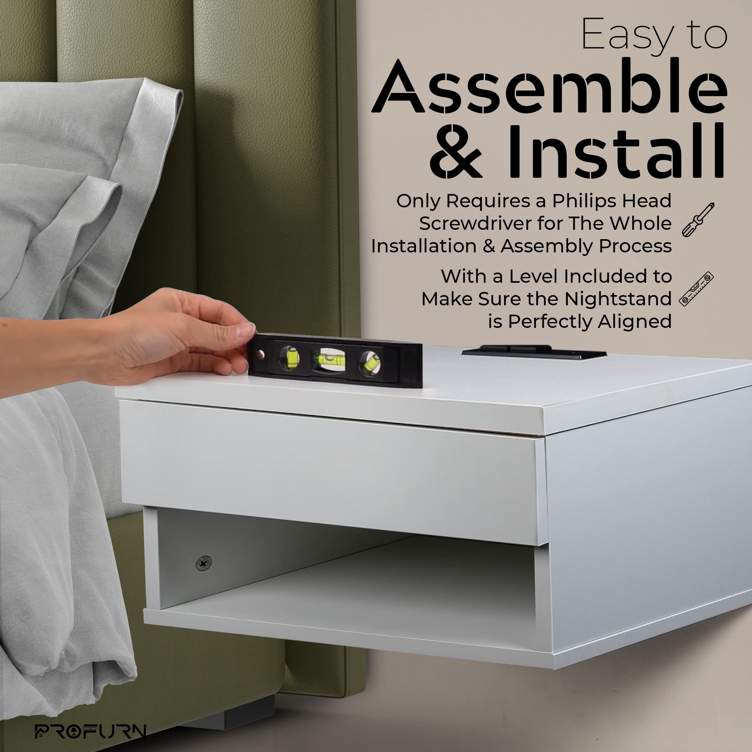 ProFurn White Floating Nightstand with Drawer Wall Mounted Nightstand