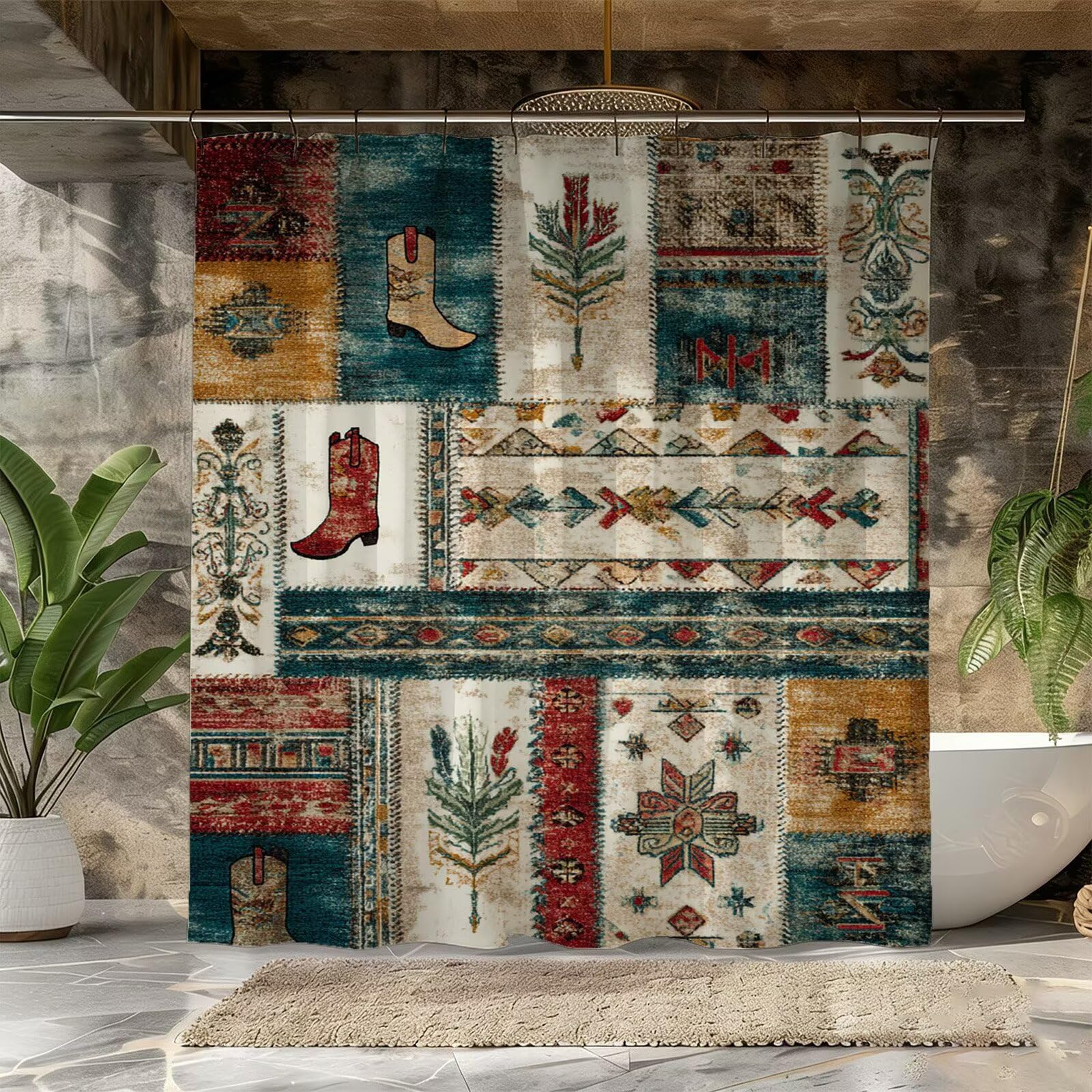Zasłona prysznicowa boho 200 x 220 cm, wodoodporna, szybkoschnąca, nadająca się do prania, tkanina poliestrowa, bardzo długa, obciążony brzeg, z 12 haczykami, dekoracja łazienki, dekoracja wilgotnych
