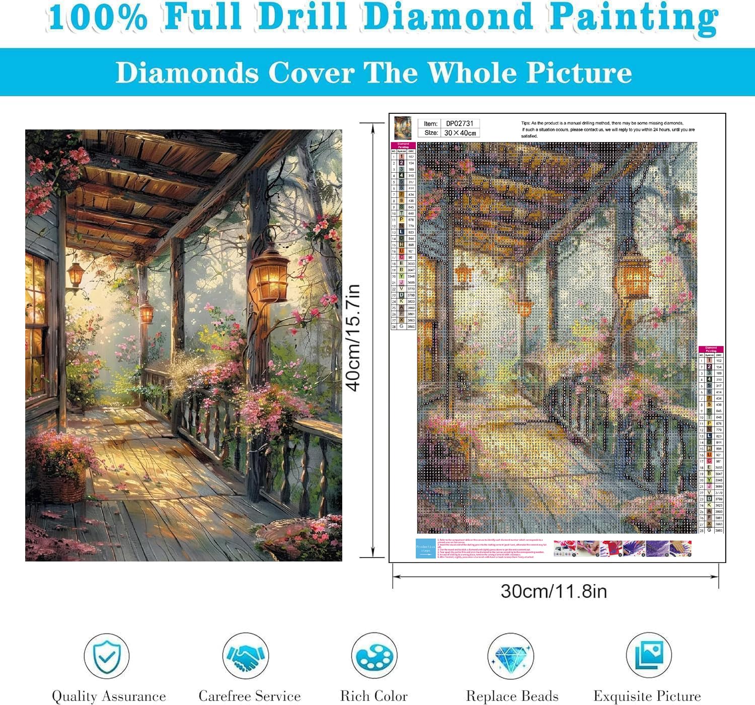 Kits de arte de pintura de diamantes cuadrados, pintura de diamantes cuadrados, arte de diamantes cuadrados, porche de jardín con luces, kits de arte de gemas de flores para adultos y manualidades