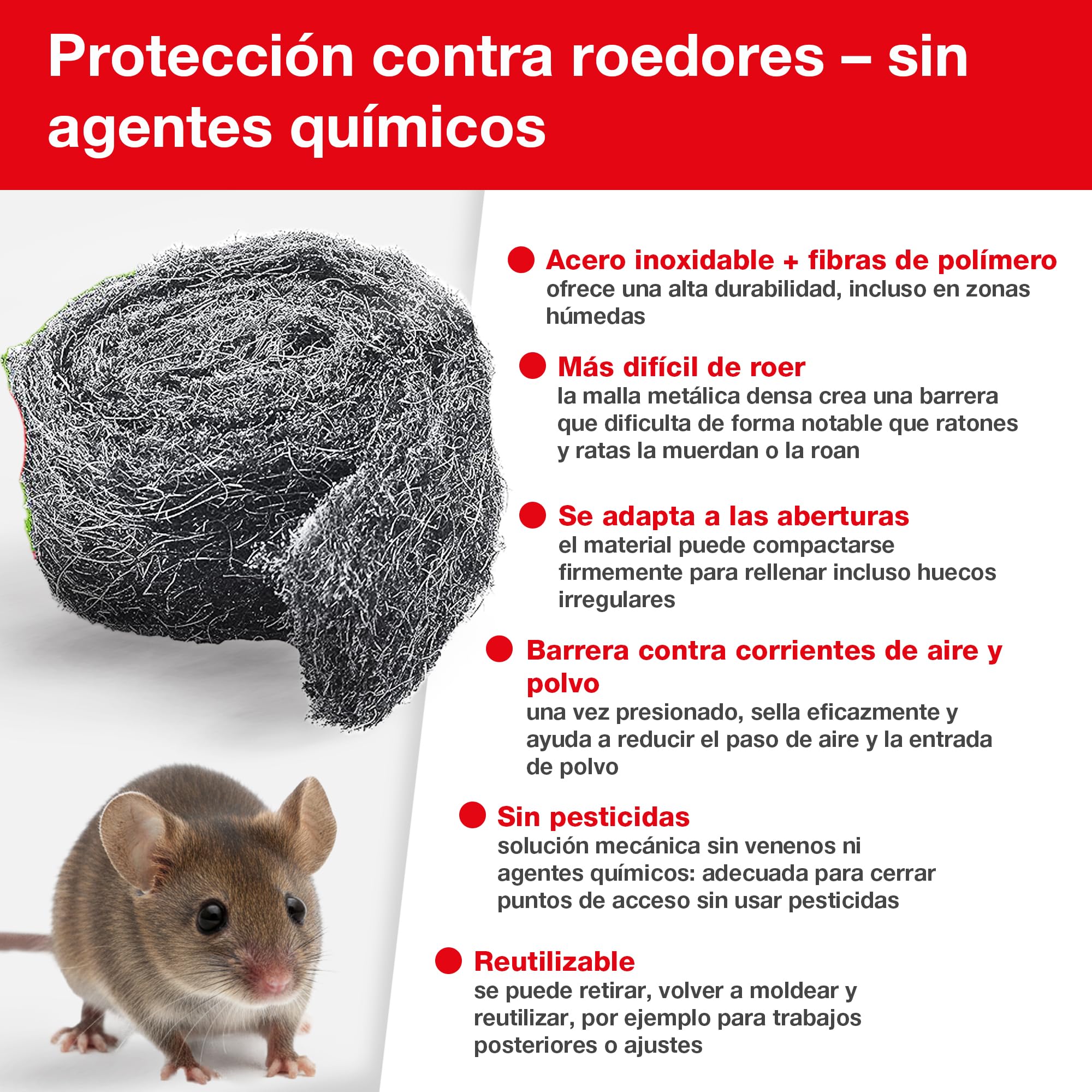 SWISSINNO Lana de Acero Anti roedores -antiratas y Ratones- – Malla roedores INOX Reutilizable para sellar Agujeros – Repelente de Ratas y plagas, contra Insectos – 1 Unidades