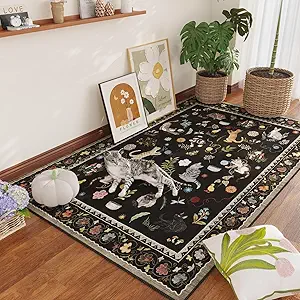 Area Rug 4x6 Rug Washable Boho Rugs Non Slip Low Pile Floral Animal Cat Small Carpet for Bedroom Bedside Kids Room Office Dining Room, Black