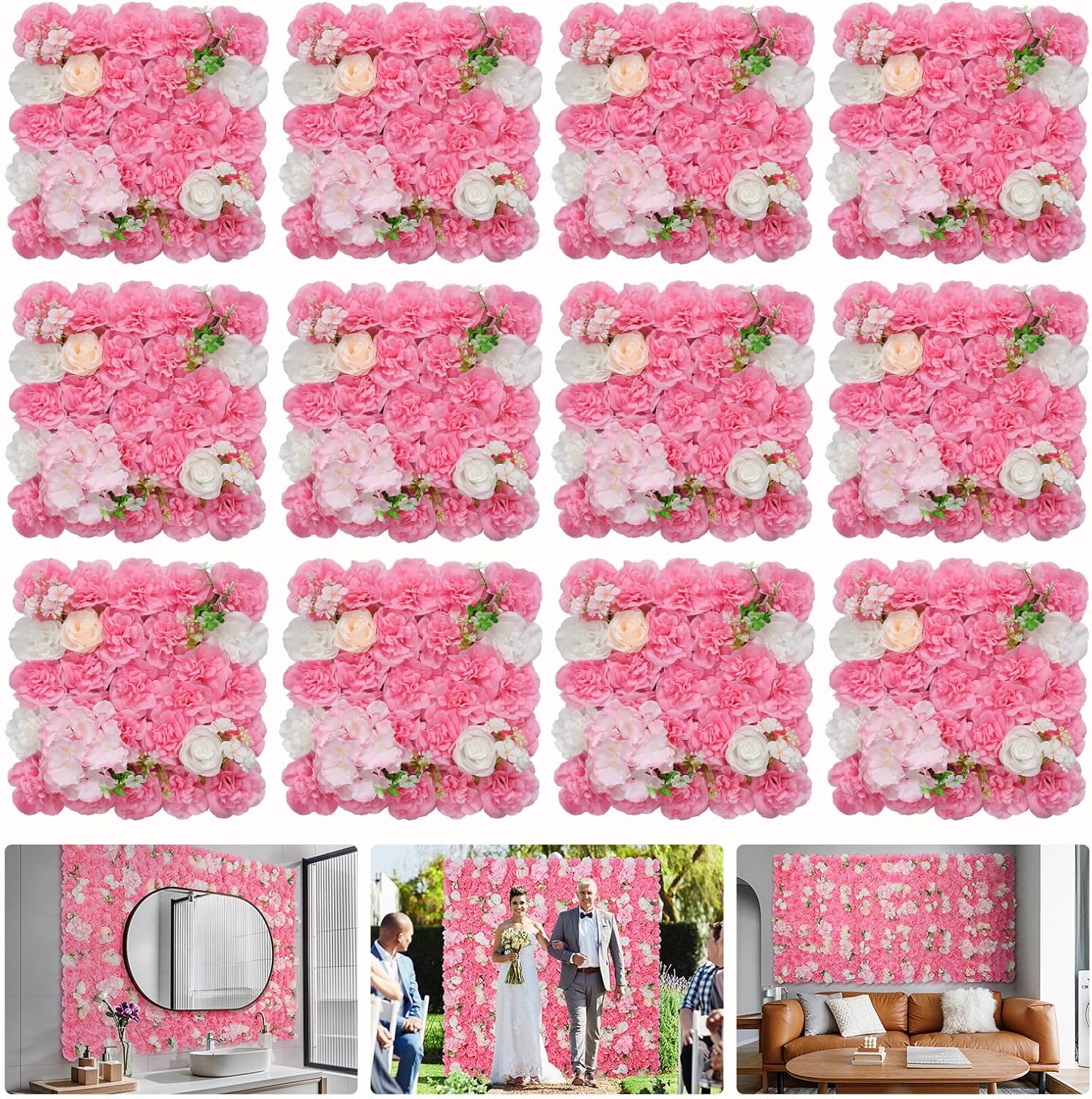 Flower Wall Backdrop 12pcs 16.5x16.5 Inch Artificial Floral Wall Panel 3D Silk Rose Wall Decor Ideal for Wedding Celebrations, Festive Party Backdrops, and Home Decor-Rose Pink Rose Pink 16.5inch