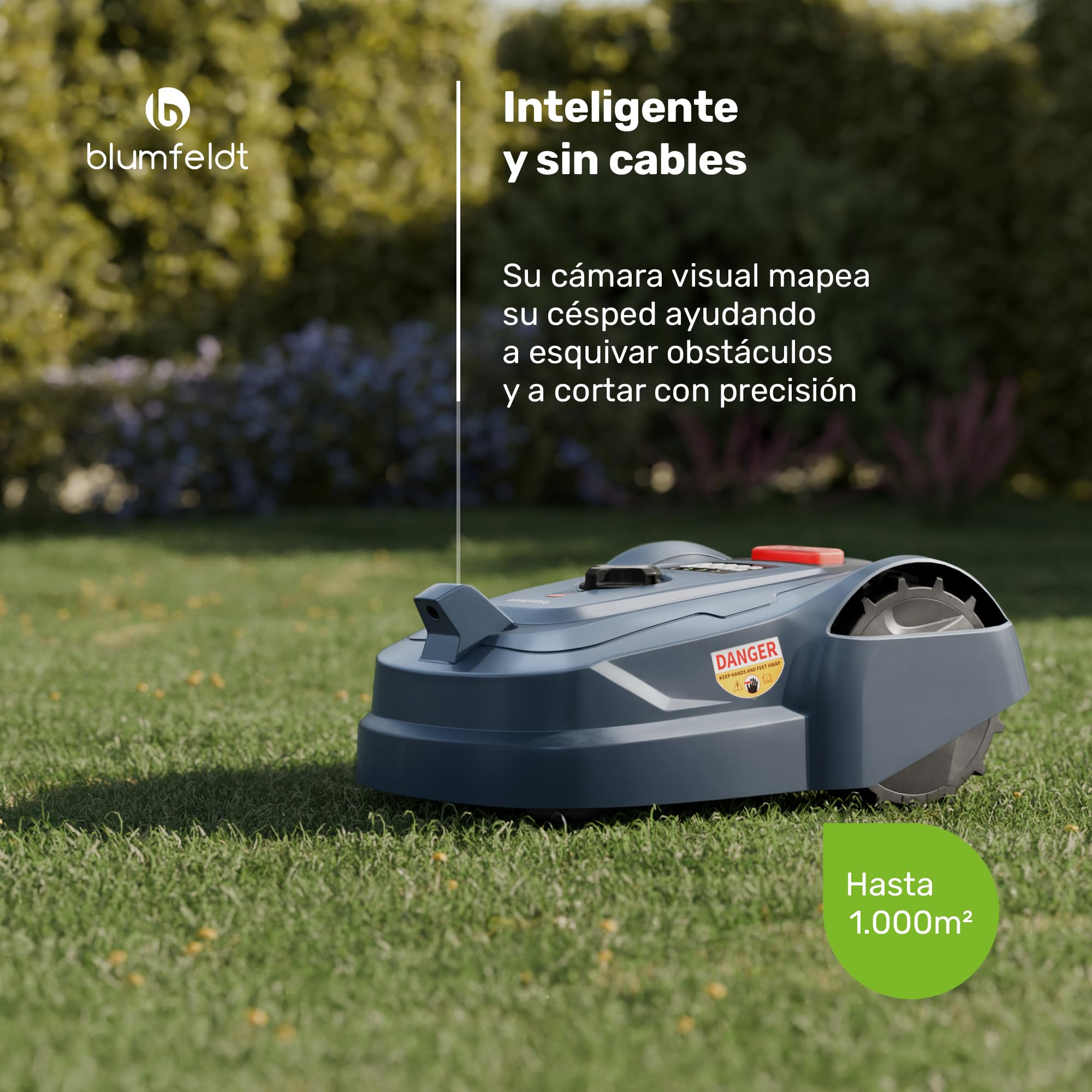 Blumfeldt Robot Cortacésped, 1000m2 - Control App, Batería Li-Ion, Carga Automática, Silencioso, Sensores de Lluvia & Colisión, Altura de Corte Ajustable, Jardines Grandes, Gris Oscuro