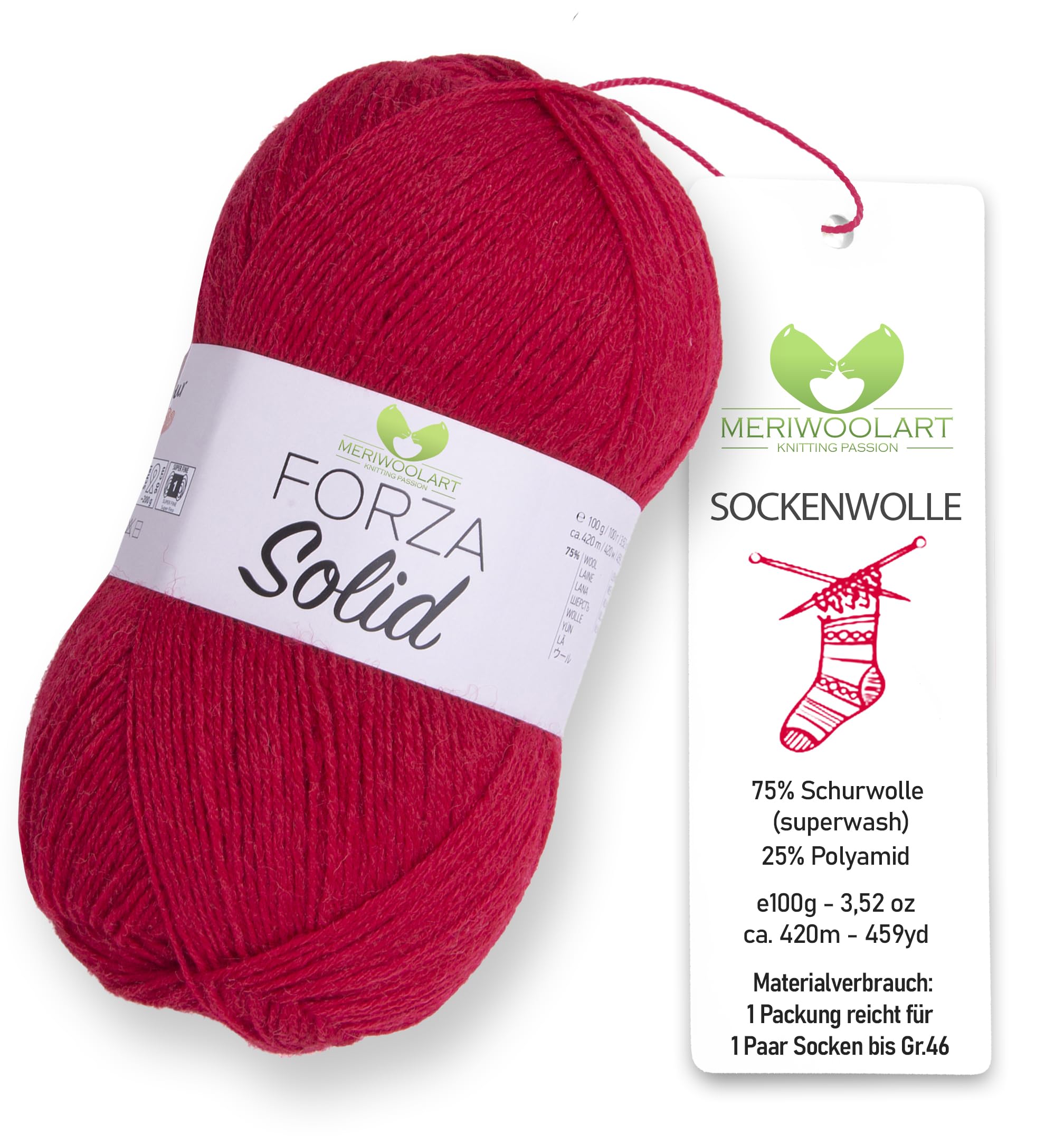MeriWoolArt Sock Yarn, 75% Virgin Wool Superwash, 100g/420m, Purple, 4-Ply for Socks and Sweaters (Red-4645)