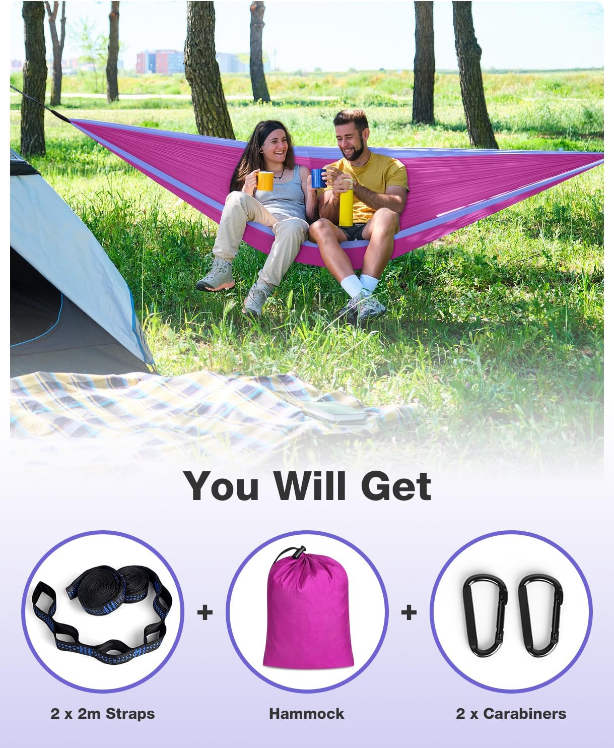 MOSFiATA Camping Hammock, Heavy Duty up to 700lbs with 2 Tree Straps and Attached Carry Bag Portable Outdoor Hammock for Backpacking Hiking Travel,Beach (Pink Purple)