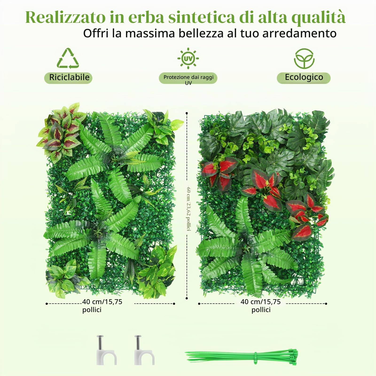 Parete vegetale Artificiale 60x40 cm, Set di 2 Piante da Parete fitte e Resistenti alle intemperie, Piante Artificiali sempreverdi per Uso Interno ed Esterno, Balcone, Giardino, Matrimonio