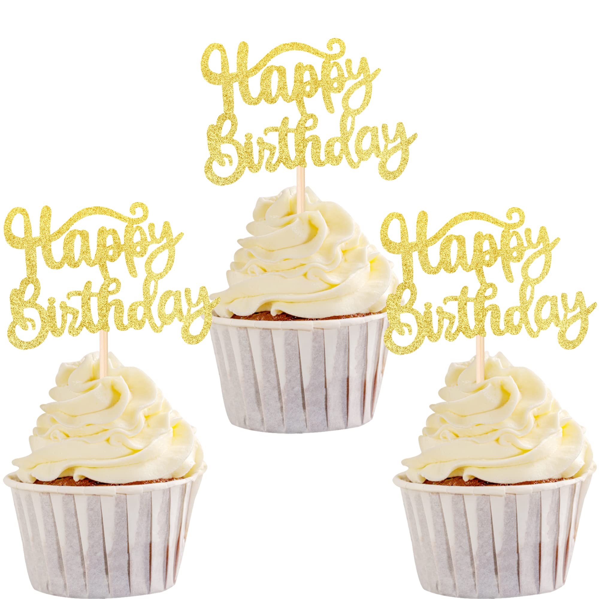 36 Pack Happy Birthday Cupcake Toppers Glitter Celebrating Cupcake Picks Baby Shower Kids Anniversary Party Cake Decorations Supplies Gold