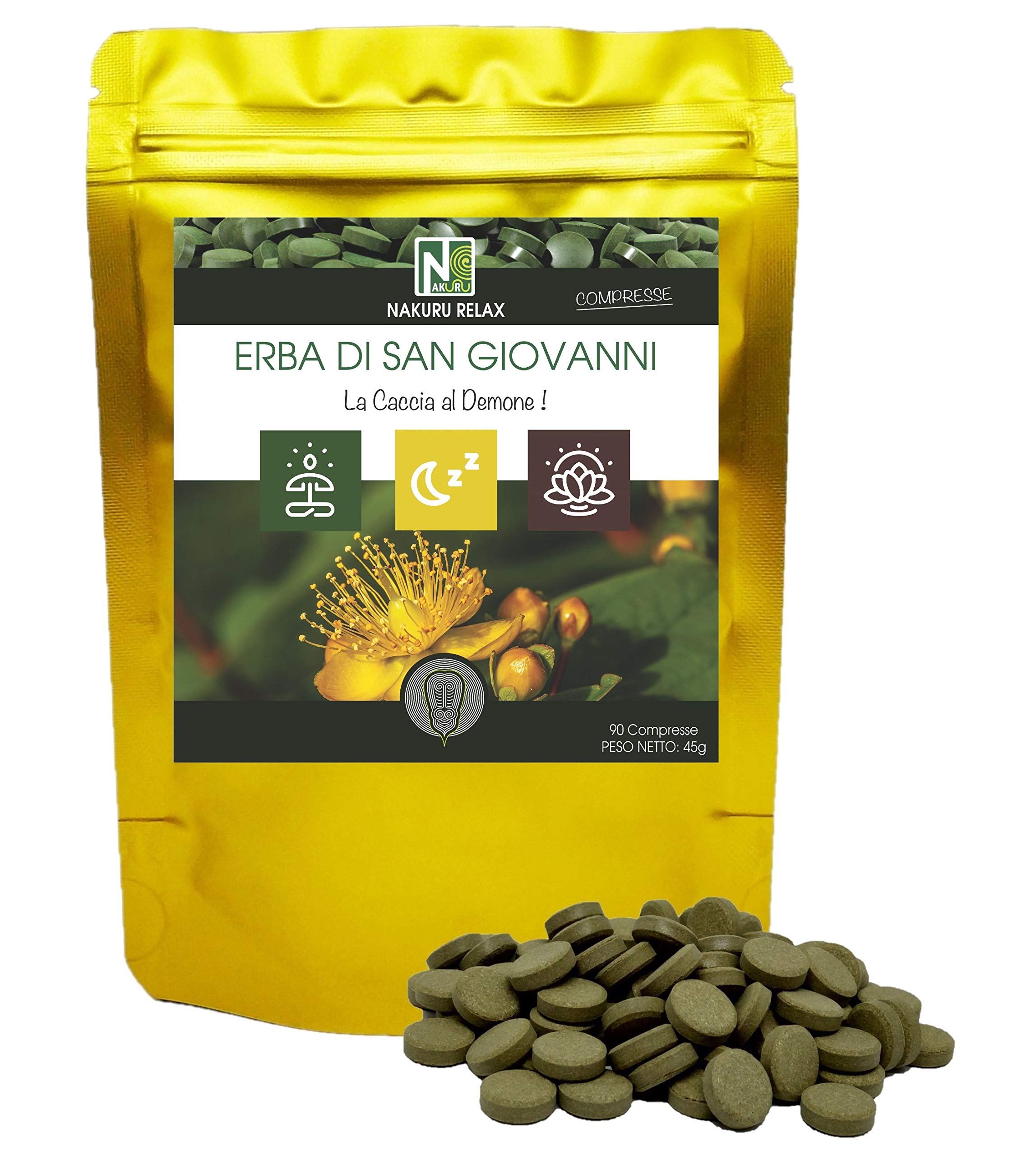 Erba di San Giovanni / 90 compresse da 500mg / NAKURU Relax/Polvere organica secca e compressa a freddo/Analizzata e condizionata in Francia / "La Caccia al Demone!" (Dorato)