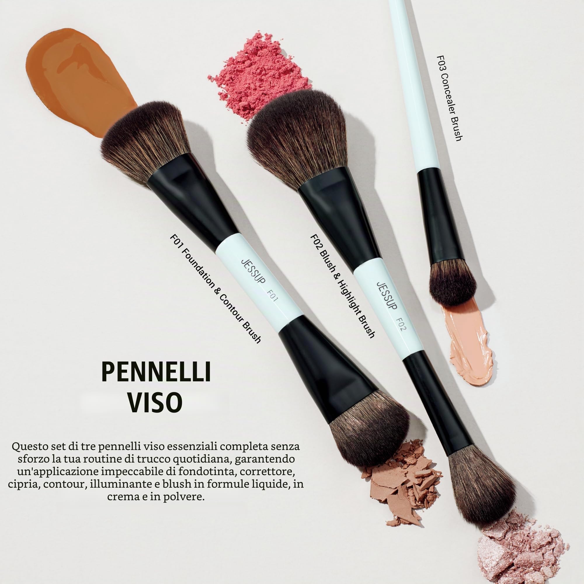 Jessup pennelli trucco, 10pz pennelli make up, 14-in-10 duo-end pennelli collezione versatilità, fondotinta polvere ombretto contorno occhi eyeliner evidenziatore fard pennello, ciano brillante T500