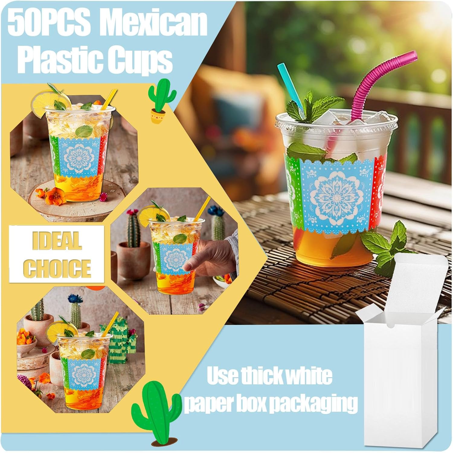 50 Count 12 oz Fiesta Plastic Cups Mexican Disposable Party Cups Cinco De Mayo Margarita Drinkware for Fiesta Cinco De Mayo Mexican Theme Birthday Taco Bar Birthday Wedding Party Supplies Decorations