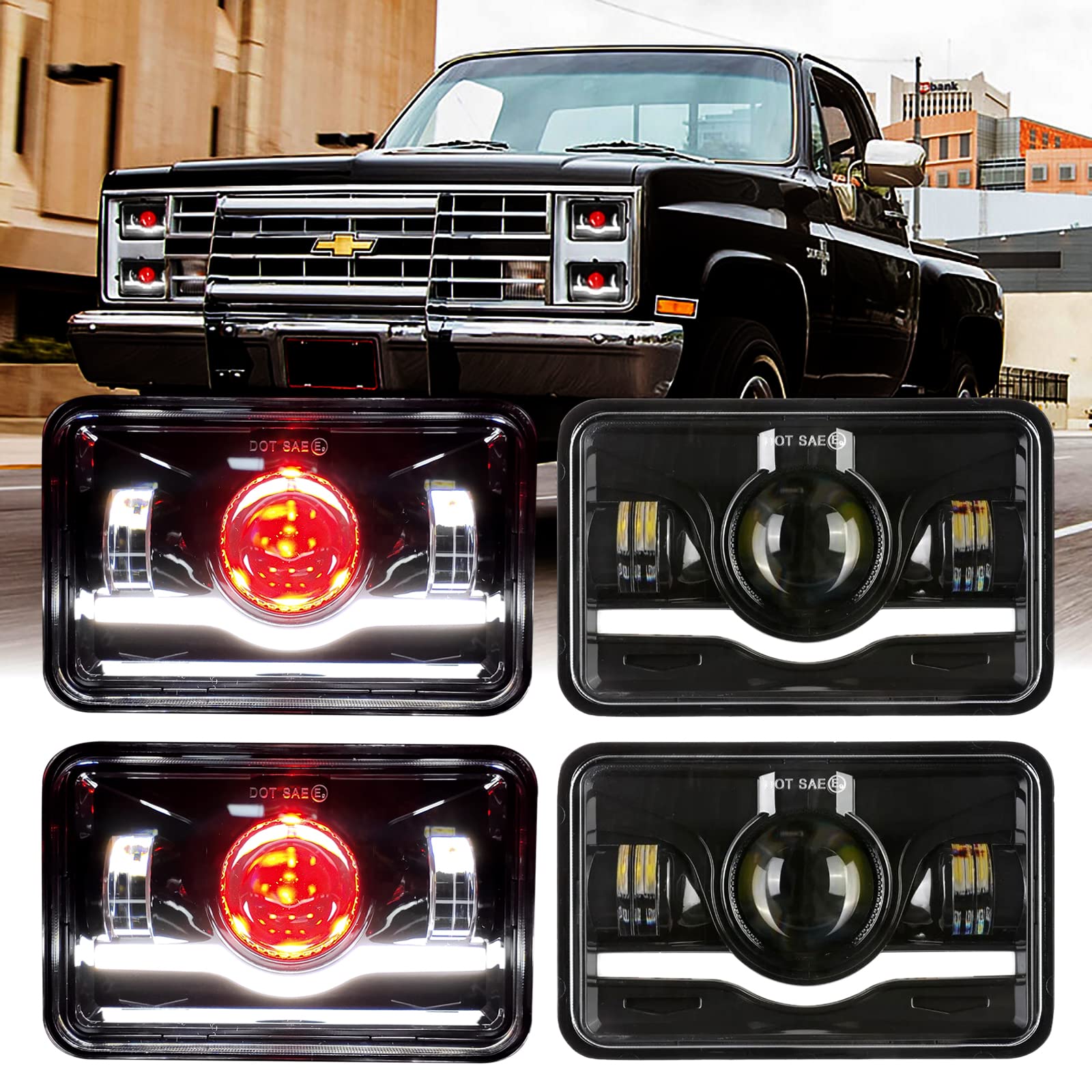DOXMALL 4Pcs 4x6 Inch LED Headlights with Red Devil Eye DRL Compatible for 1986 Che-vrolet CK 10 Rectangular H4656 H4651 H4642 H4652 Peter-bilt 357 378 379 XR400 XR250 XR650
