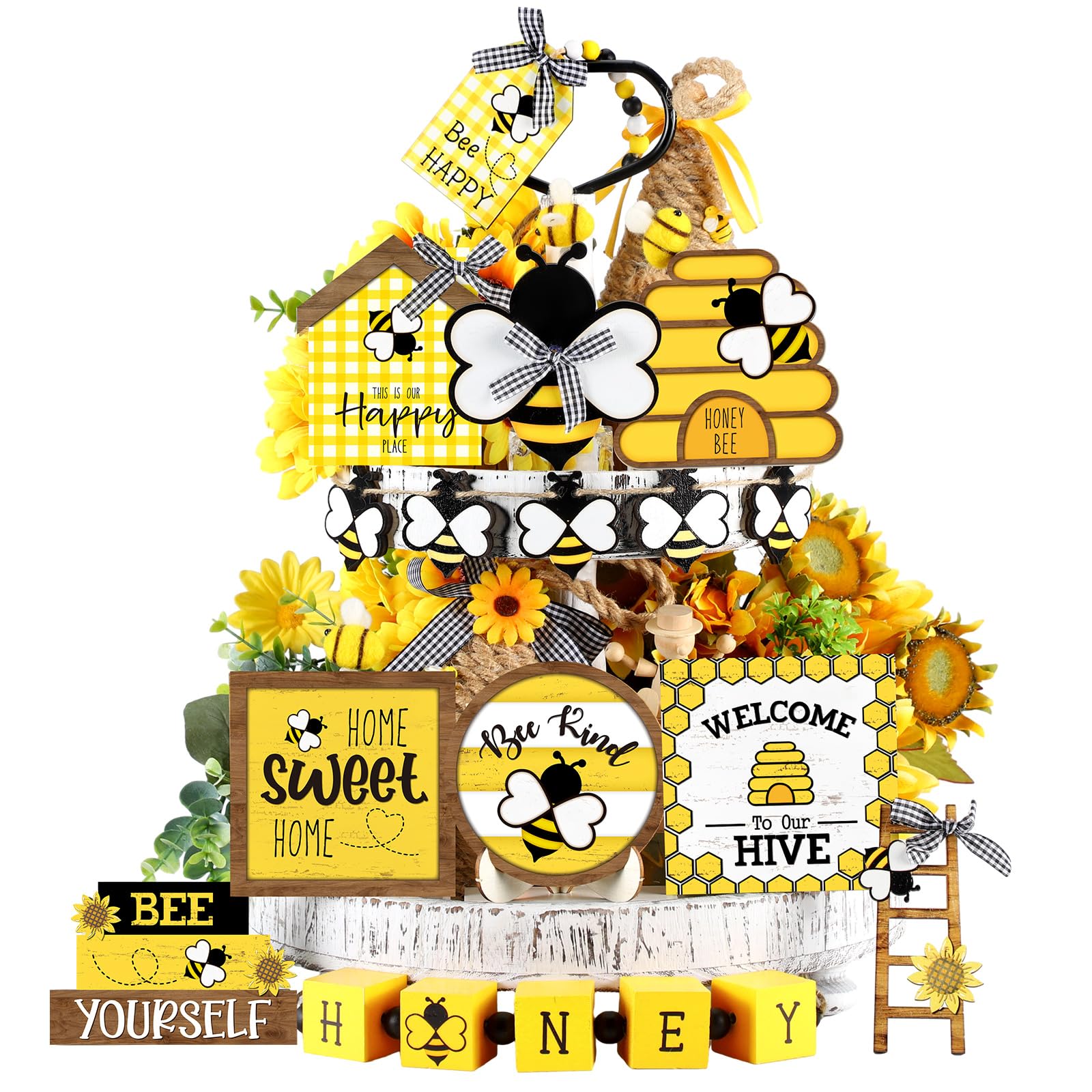 Mifoci 15 Pcs Bee Tiered Tray Decor Summer Tiered Tray Decorations Set Honeycomb Decor Honey Bee Wooden Signs Rustic Farmhouse Kitchen Decor for Home Table Shelf Decorations