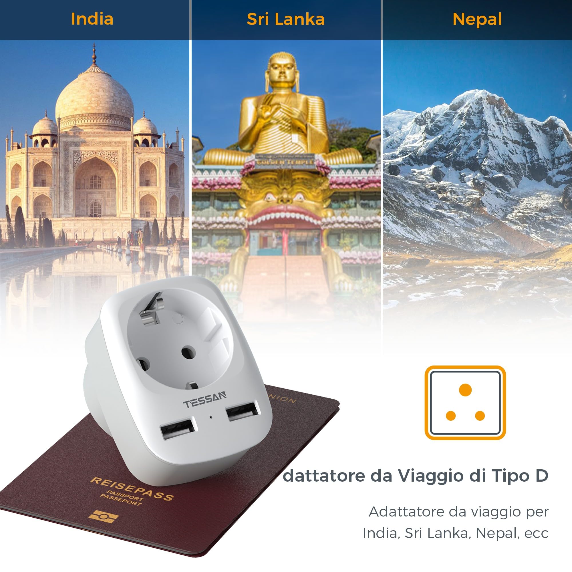 TESSAN Adattatore Presa India, Adattatore India con 2 USB, Adattatore da Viaggio UE a India, Adattatore Spina India, Adattatore Presa Tipo D per India,Sri Lanka, Nepal