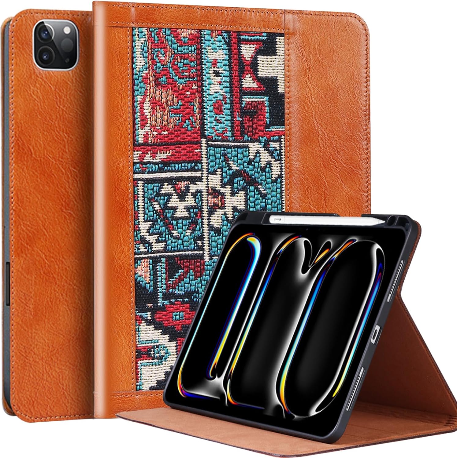 Case for iPad Pro 11 Inch,4th/3rd/2nd/1st Generation(2022/2021/2020/2018) Genuine Leather Cover with Pencil Holder,Cowhide Folio Cover,Auto Sleep/Wake,Bohemian Brown