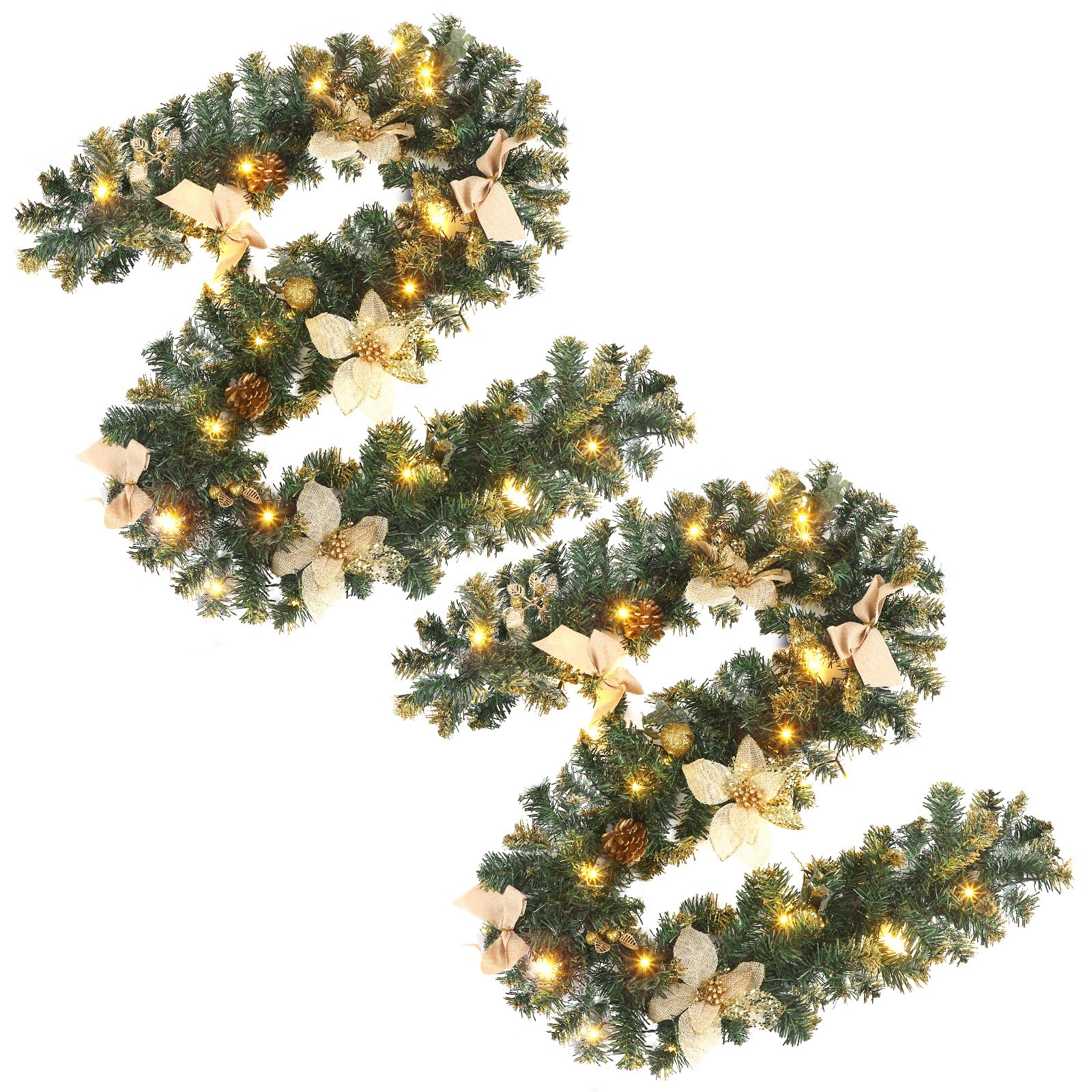 Ceenna Lot de 2 guirlandes de Noël artificielles pré-éclairées de 1,8 m avec lumières - Guirlande de Noël avec baies de pin - Décoration de cheminée pour cheminée - Pour intérieur et extérieur - Pomme