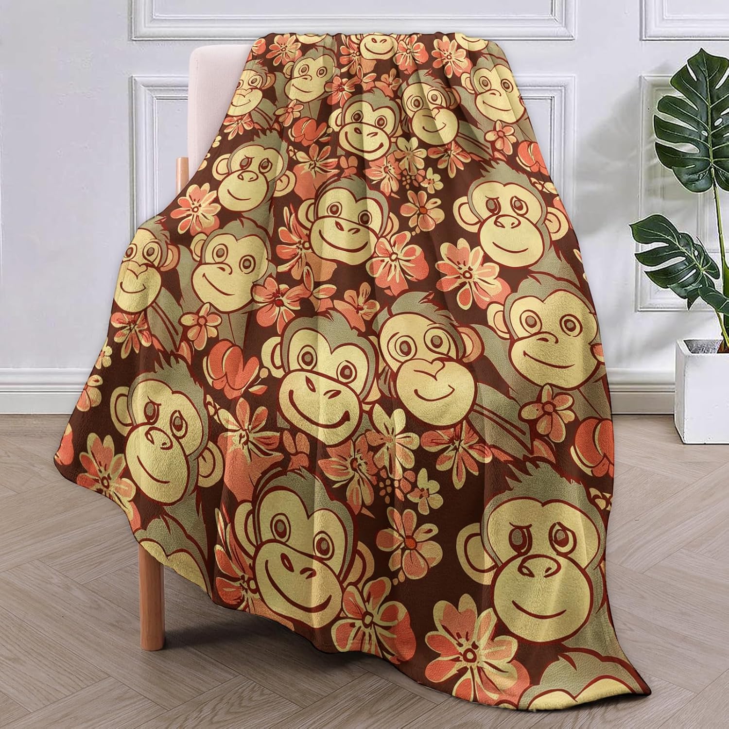 Monkey Blanket Gifts for Adults Kids Soft Warm Lightweight Cozy Cute Jungle Animal Flower Throw Blankets for Bed Sofa Couch Living Room Decor 50x60in - Image 2