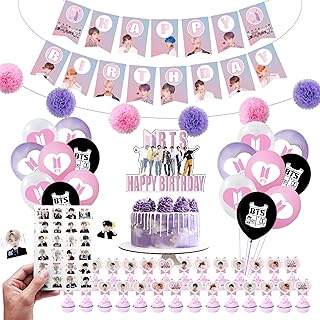 BTS Birthday Party Kit Supplies For Bangtan Boys includes Banner - 1 Cake Topper - 24 Cupcake Toppers - 16 Balloons - 40 Stickers