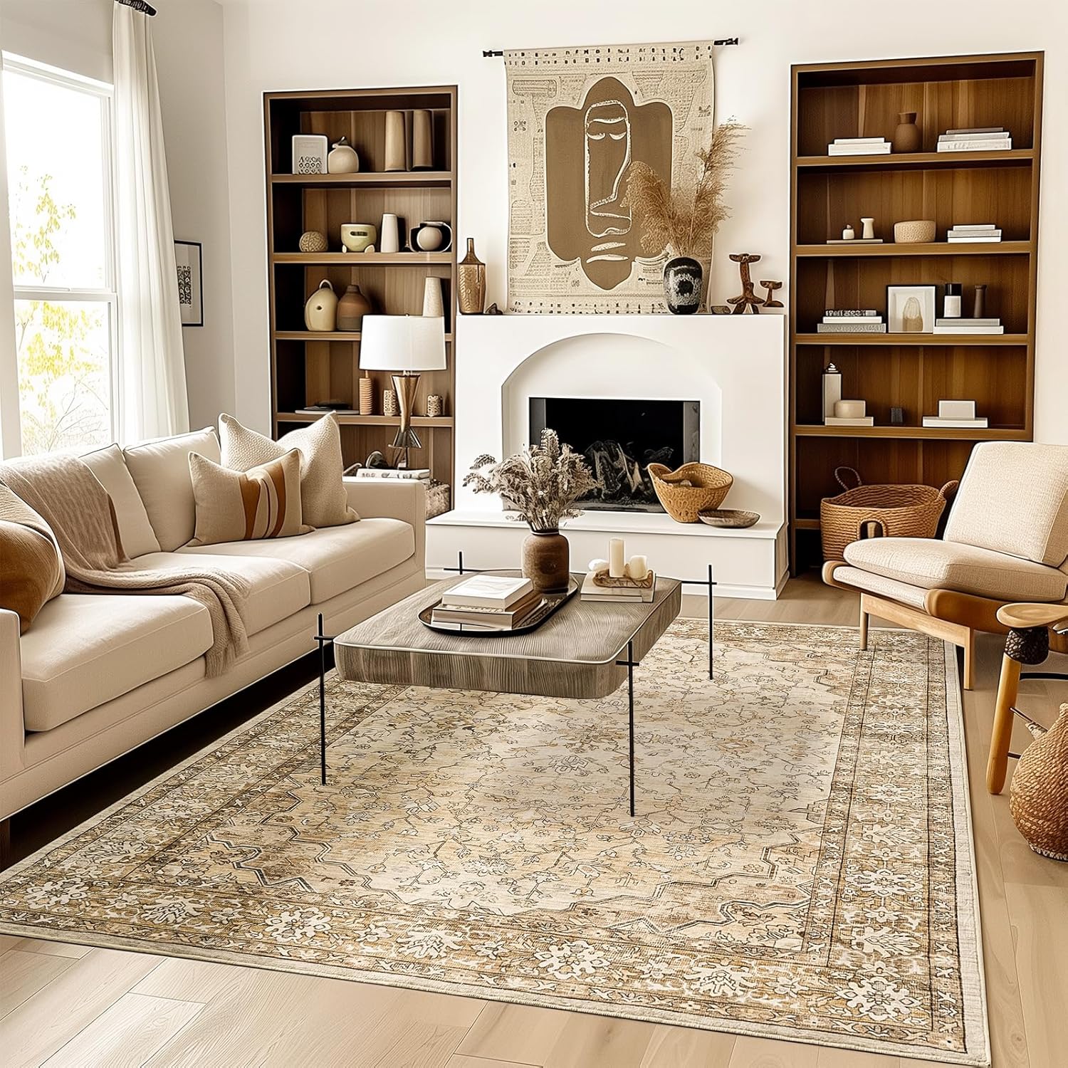 6x9 Area Rugs for Living Room,Machine Washable Low Pile Non Slip Stain Resistant Vintage Euro Floral Boho Desgin Carpet Rug for Bedroom Dining Room Kid's RoomHome Office,Natural Beige Natural Beige 6' x 9' (Rectangular)