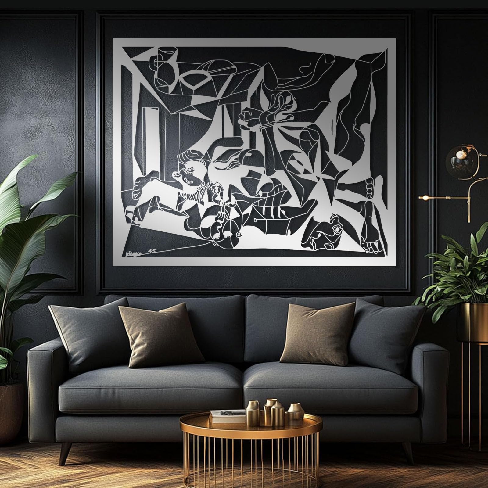 Tableau Abstrait Picasso métal noir déco murale moderne salon et chambre 76x61 cm