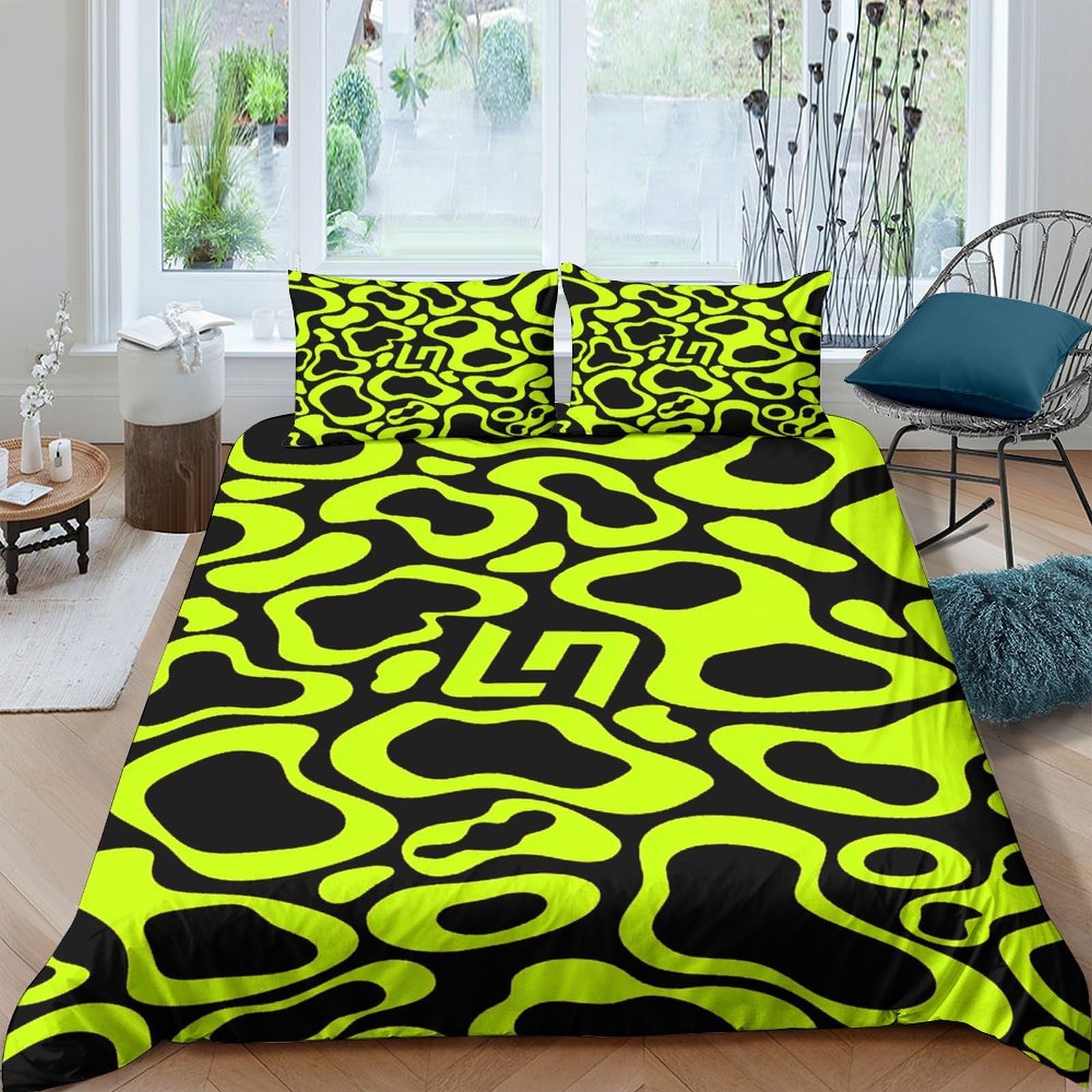 GPLZQXKJNH 3D Printed Neon Abstract Pattern Duvet Cover Microfiber Soft Breathable Leopard Bedding Set with 2 Pillowcases for Bedroom Decor Single（135x200cm）