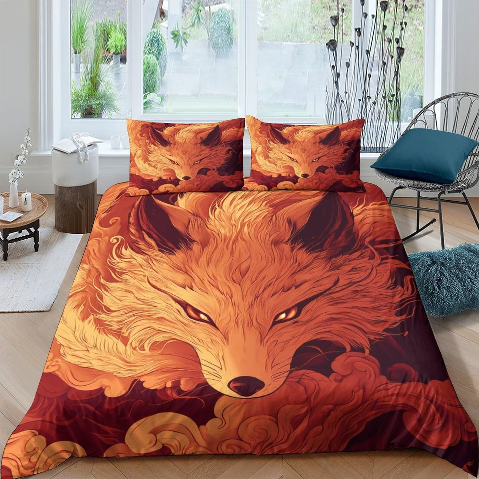GPLZQXKJNH 3D Printed Fire Fox Duvet Cover Microfiber Soft Breathable Fantasy Animal Bedding Set with 2 Pillowcases for Bedroom Decor Single（135x200cm）