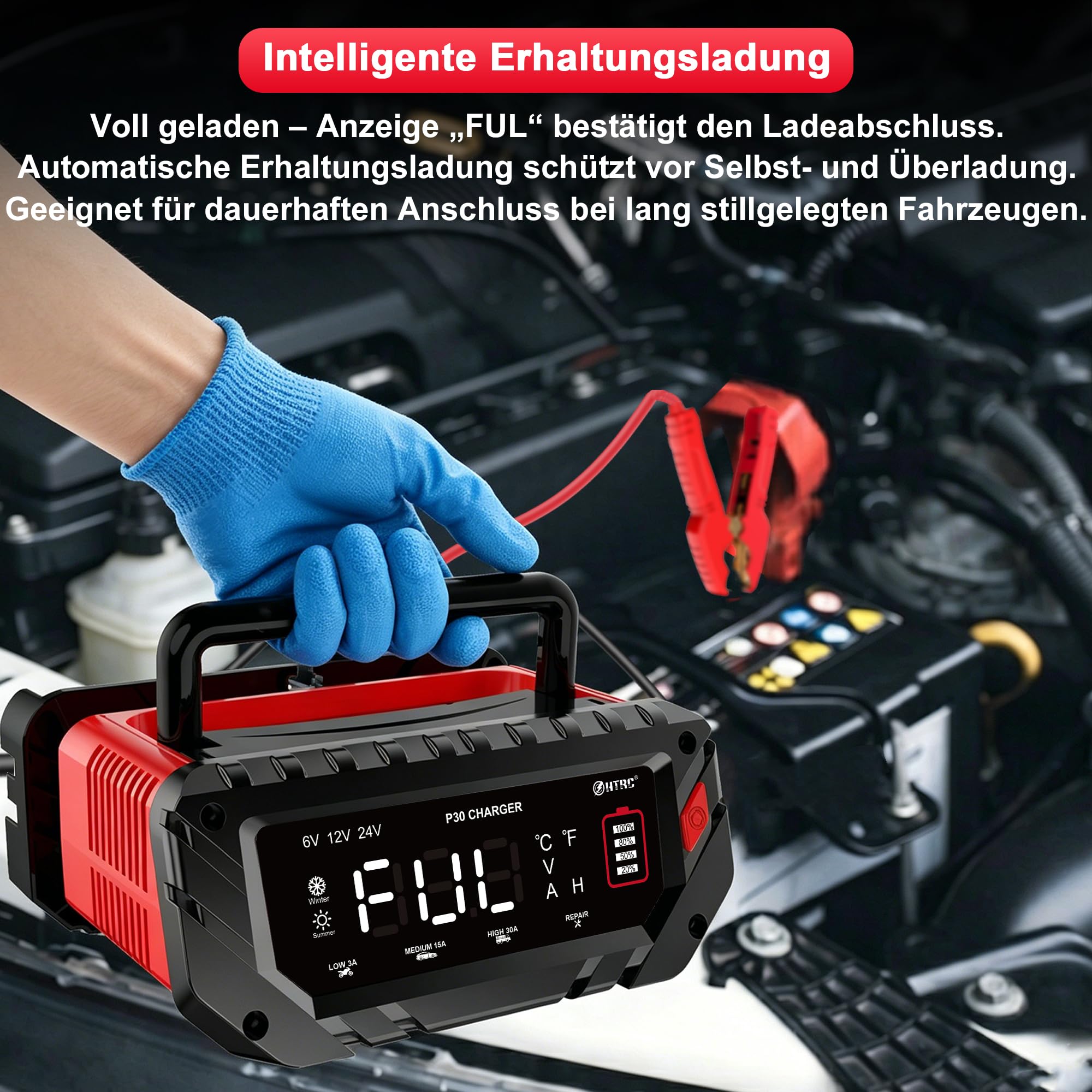 HTRC 6V/12V/24V Autobatterie Ladegerät, 30A Ladegeräte für Autobatterien, Batterieladegerät KFZ für Auto, Motorrad, Rasenmäher, Boot, Lithium, LiFePO4 und Blei-Säure(AGM, Gel, MF, EFB, SLA, VRLA, Wet)