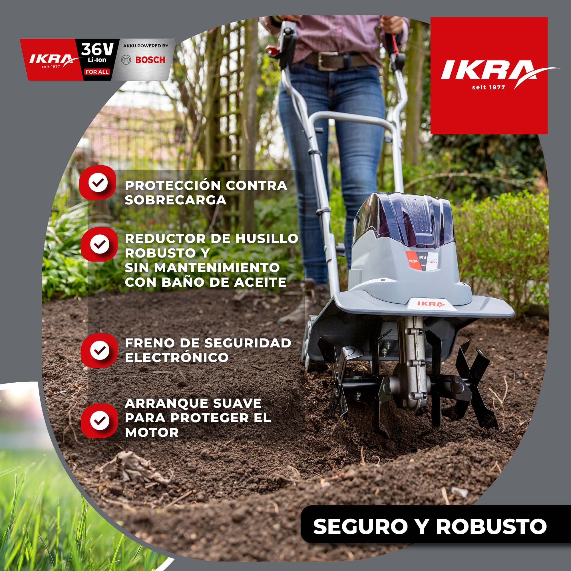 IKRA motoazada IB-TC 36, sin batería de 36 V ni Cargador | Compatible con Bosch, motor sin escobillas, 2 anchos de trabajo de 18-30 cm, profundidad de trabajo de hasta 20 cm