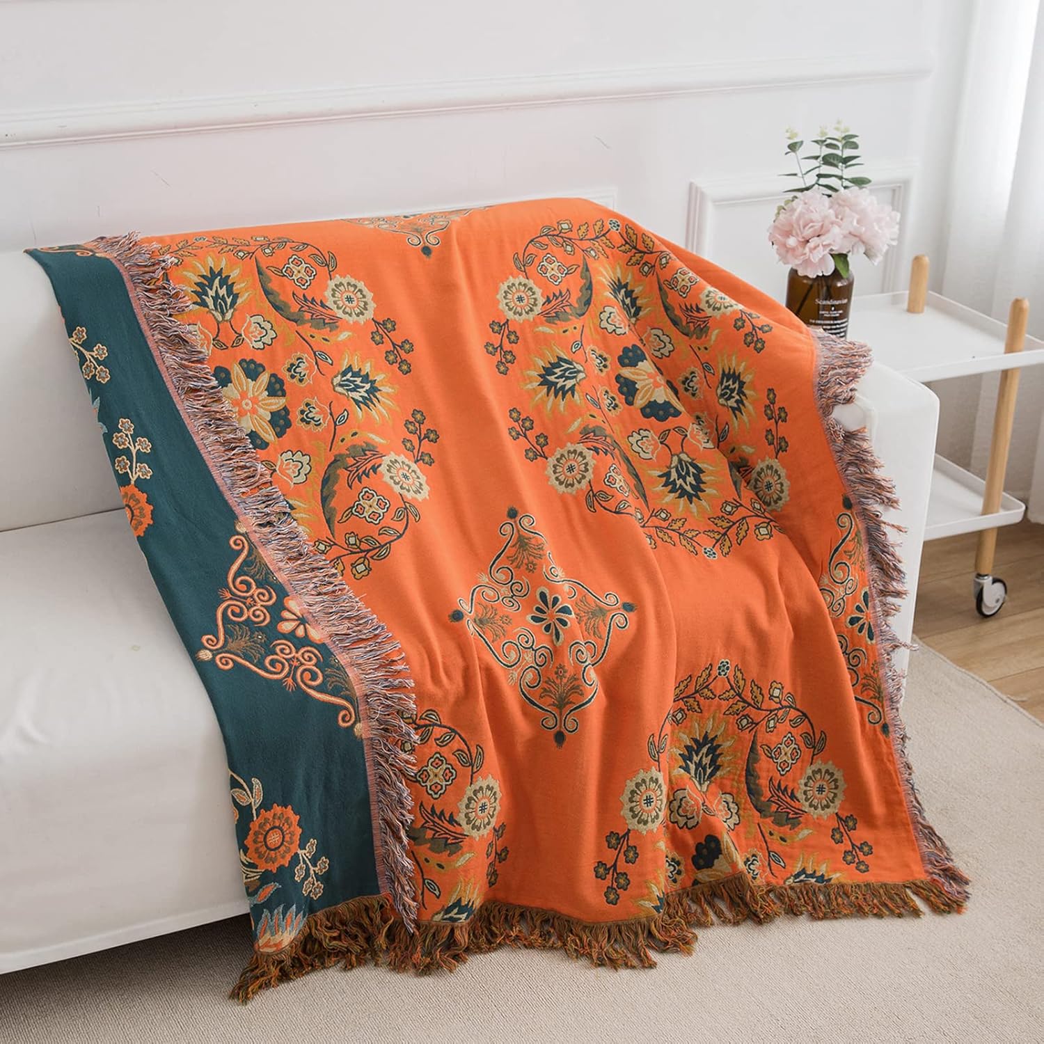 PANGUSHAN Orange Throw Blanket, Cotton Cozy Bohemian Blanket, Floral Teal Soft Throw