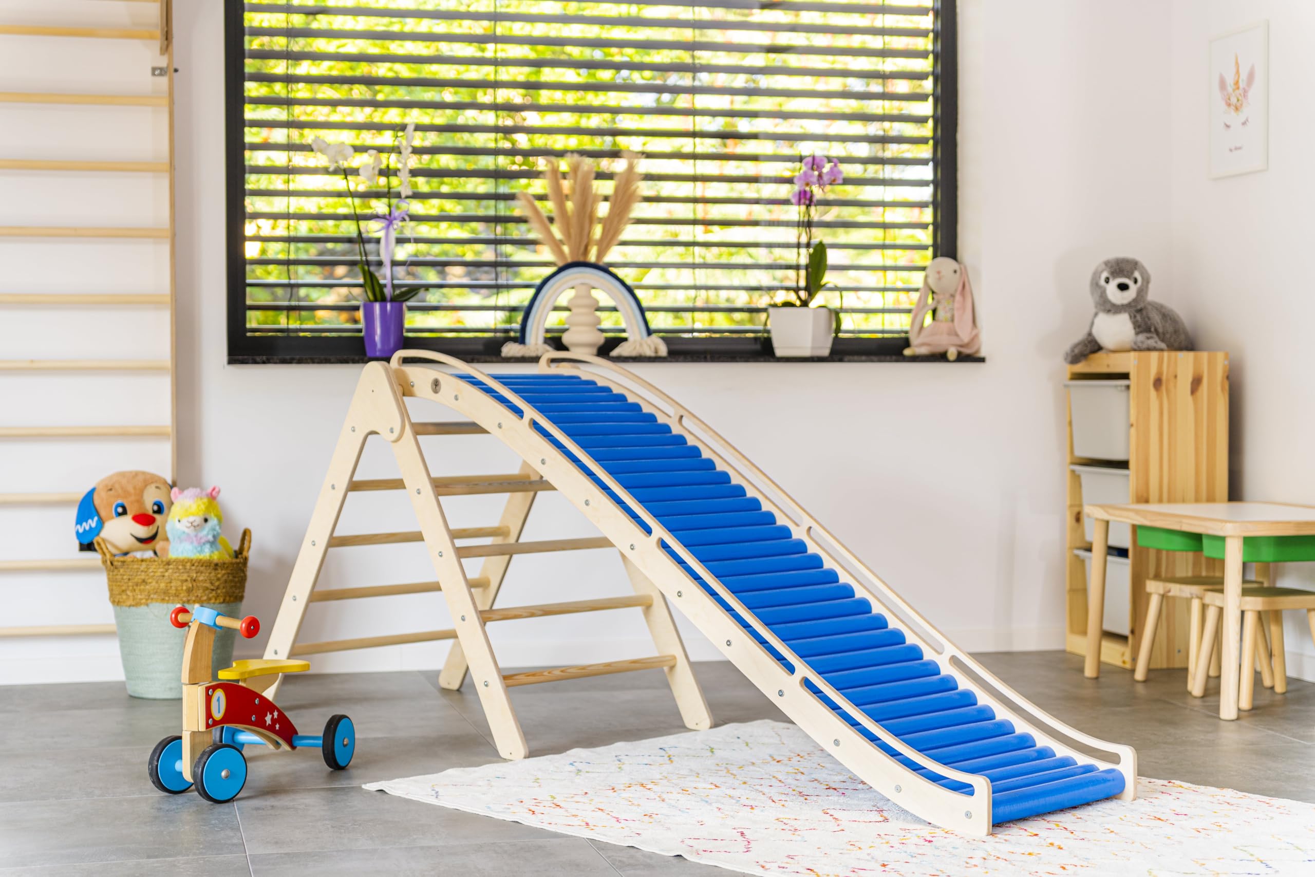 WoodsCraft 3in1 Wellenrutsche mit Kletterdreieck, Sprossenwand für Kinderzimmer & Kinderzelt Indoor | Rutsche Outdoor & Indoor | Kinderrutsche-Rollenrutsche | Kinder & Baby Rutsche für den Garten