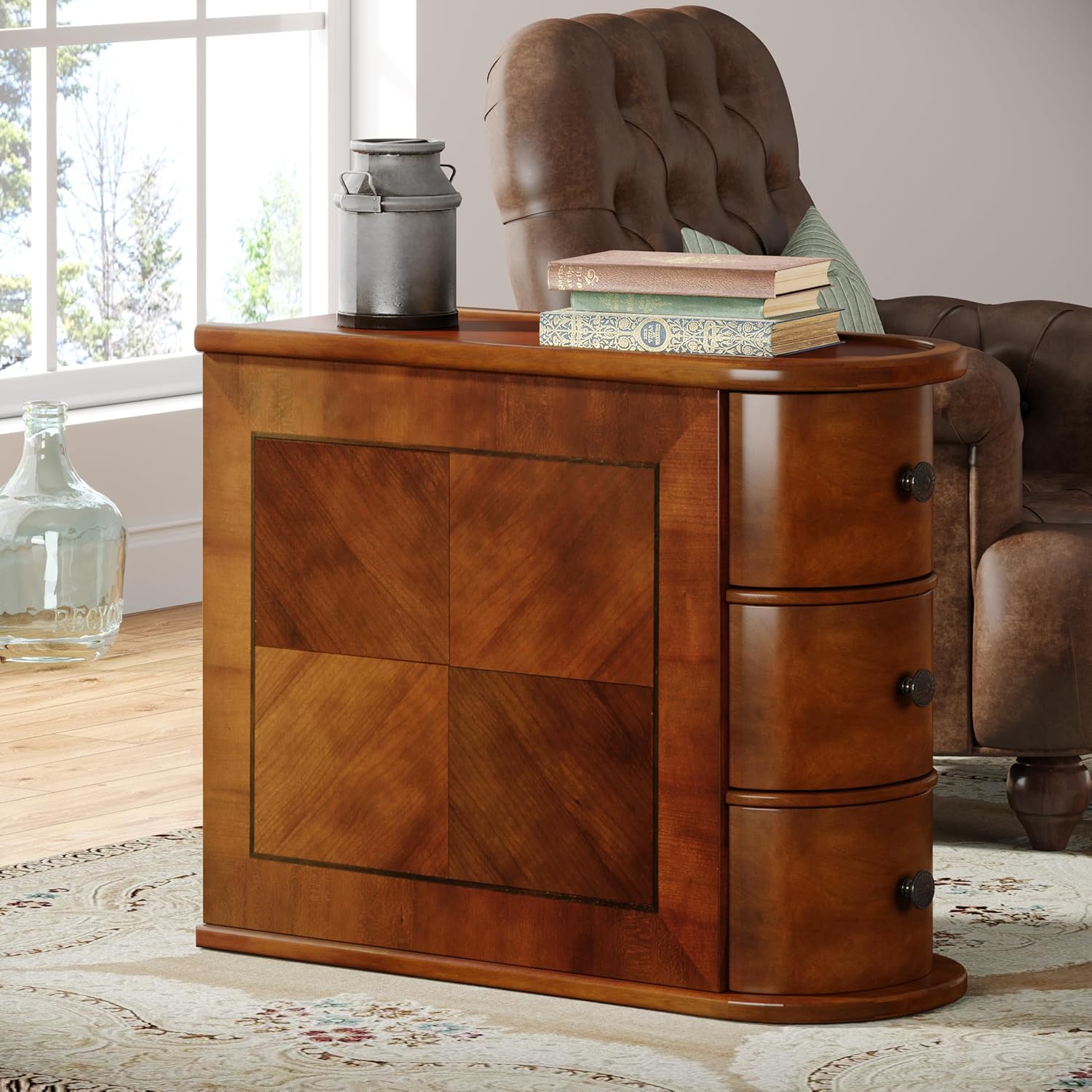 Wood End Table with 3 Drawers, No Assembly Required Narrow Sofa Side Table for Living Room, Vintage Slim Nightstand Bedside Table for Bedroom (3 Drawers, Brown, 1Pc)